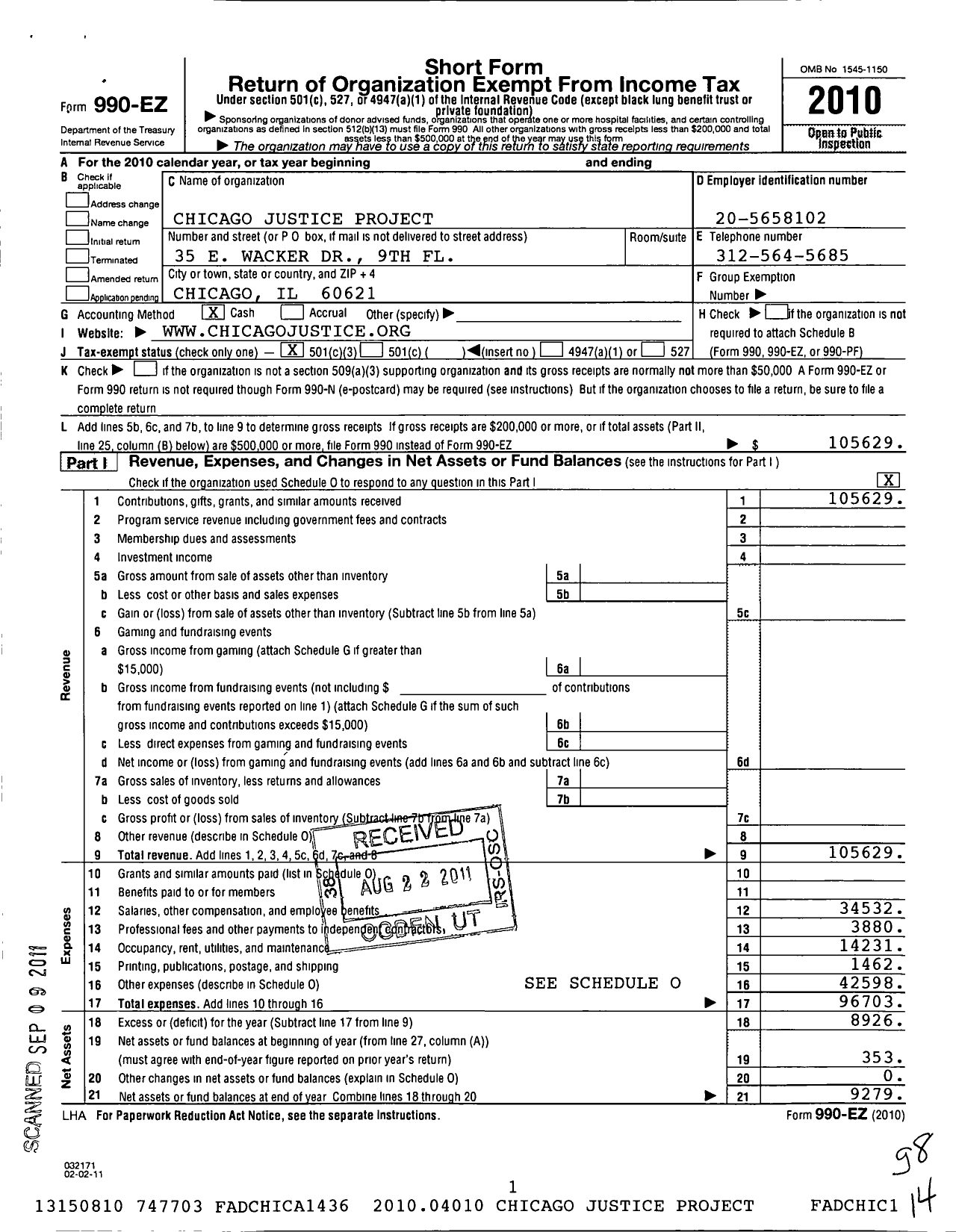 Image of first page of 2010 Form 990EZ for Chicago Justice Project