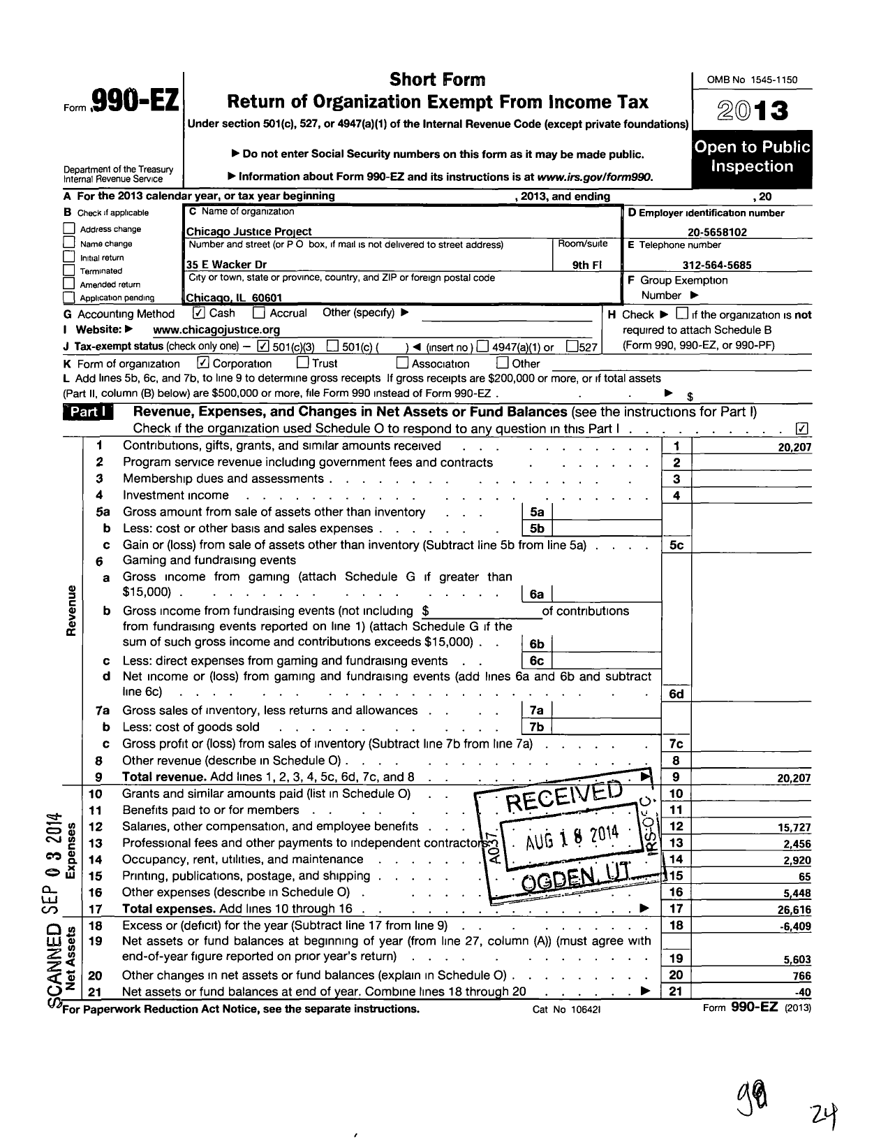 Image of first page of 2013 Form 990EZ for Chicago Justice Project