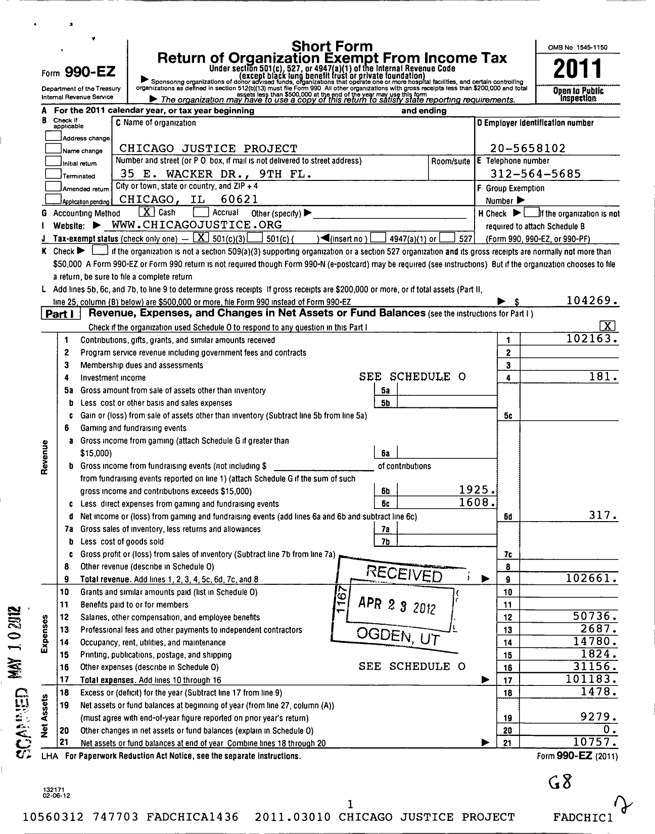 Image of first page of 2011 Form 990EZ for Chicago Justice Project