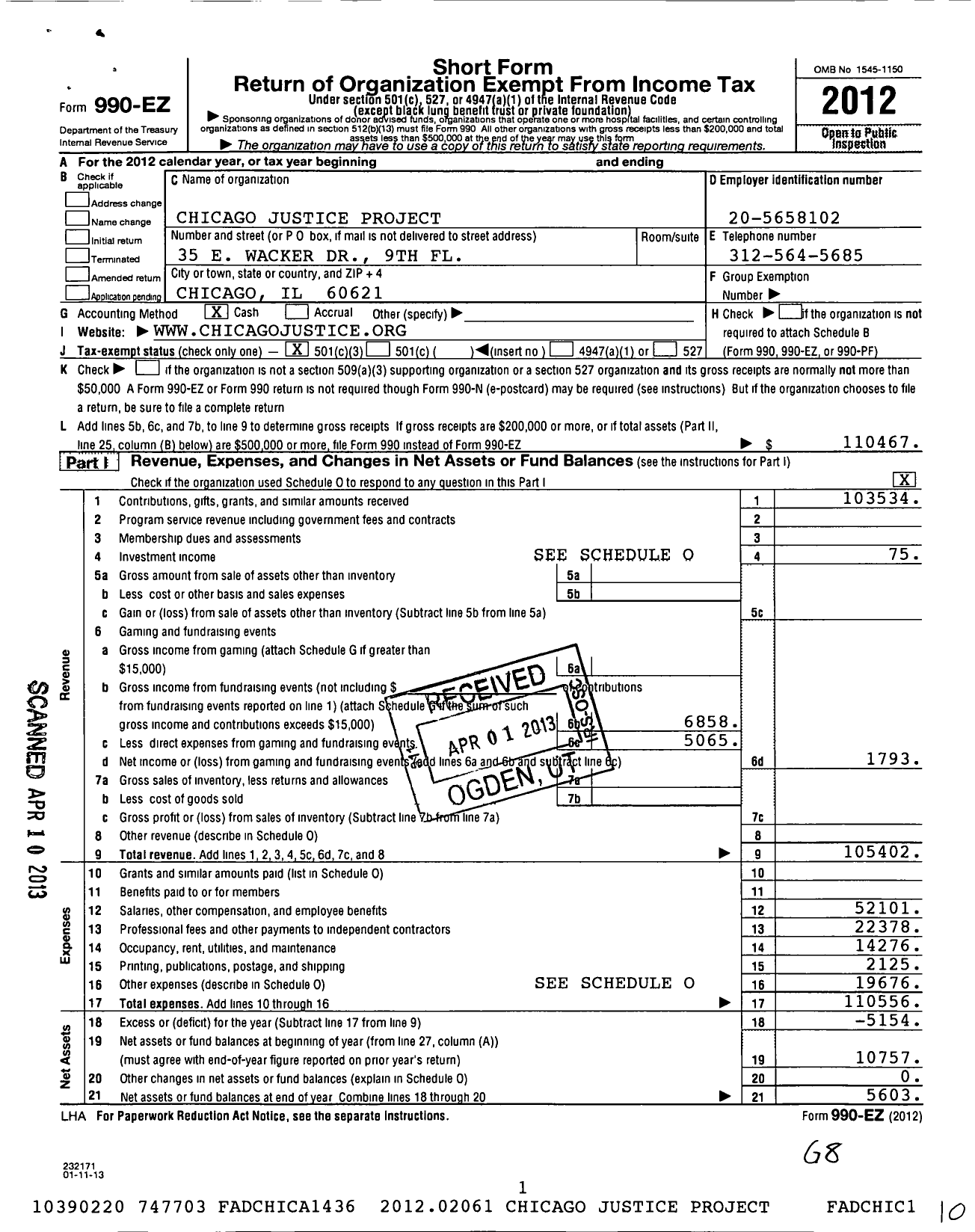 Image of first page of 2012 Form 990EZ for Chicago Justice Project