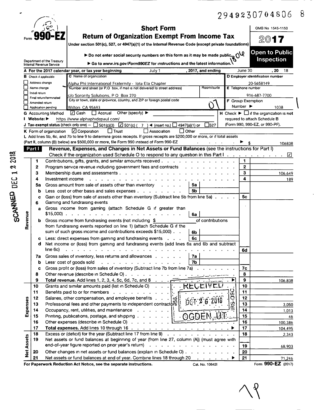 Image of first page of 2017 Form 990EO for Alpha Phi - Iota Eta Depaul University