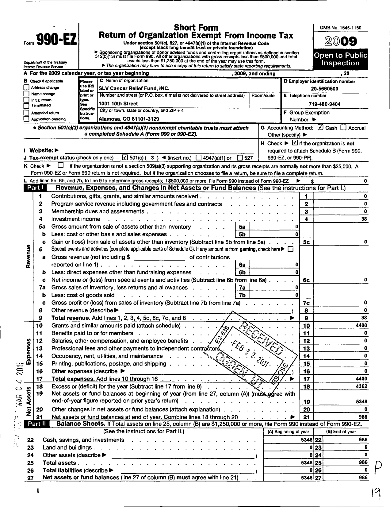 Image of first page of 2009 Form 990EZ for SLV Cancer Relief Fund