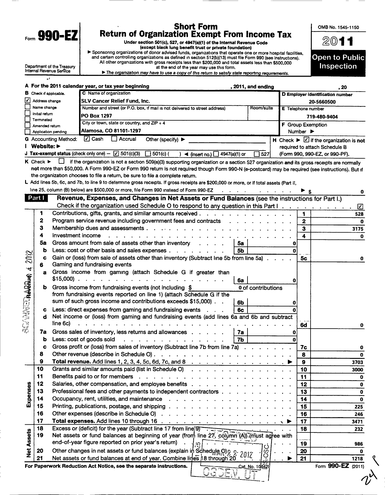 Image of first page of 2011 Form 990EZ for SLV Cancer Relief Fund