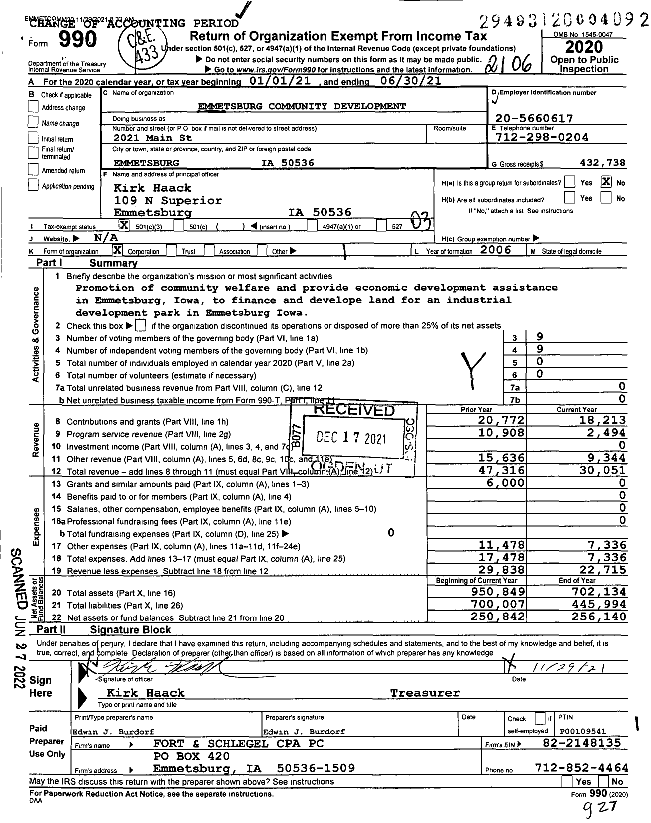 Image of first page of 2020 Form 990 for Emmetsburg Community Development