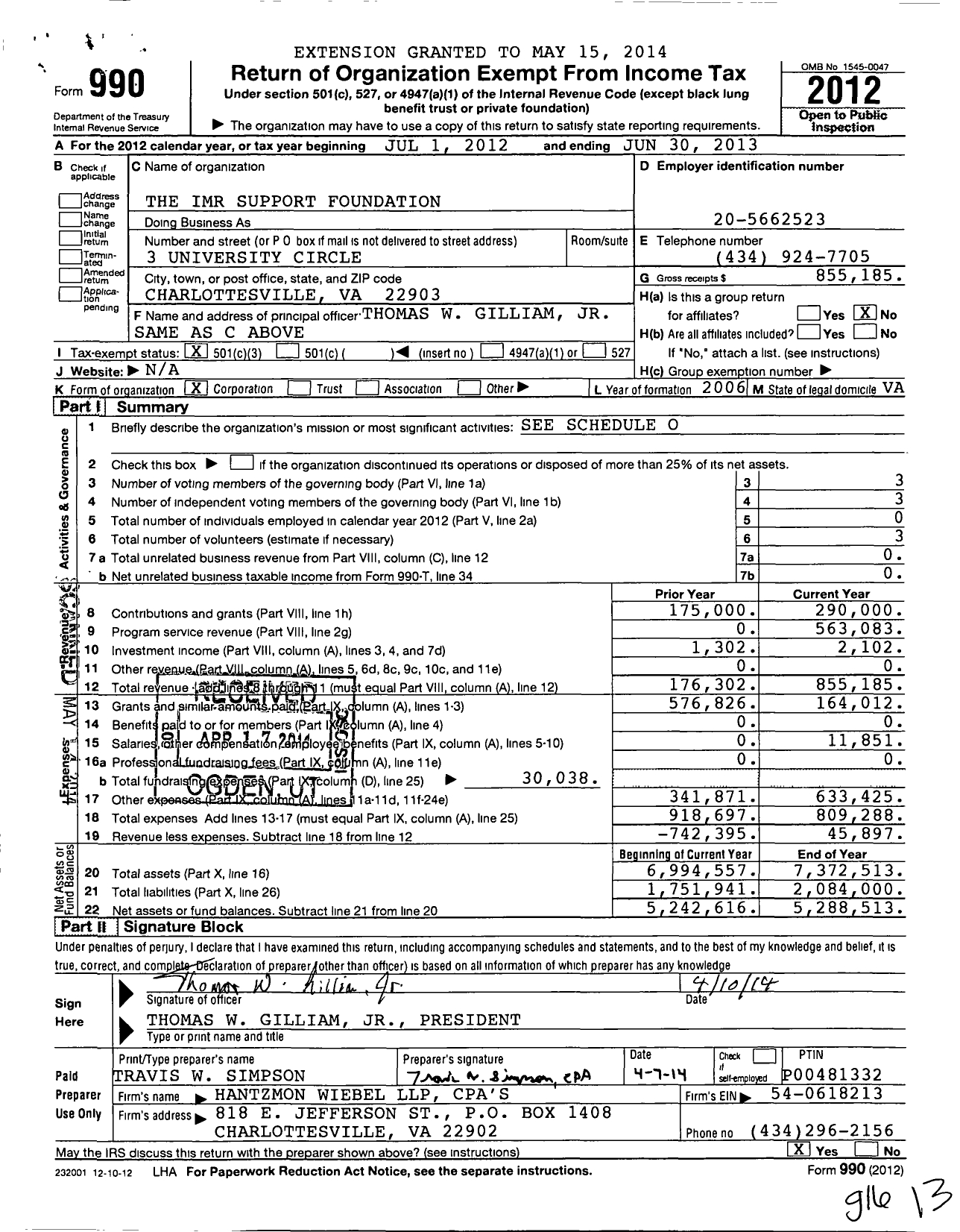 Image of first page of 2012 Form 990 for The Imr Support Foundation