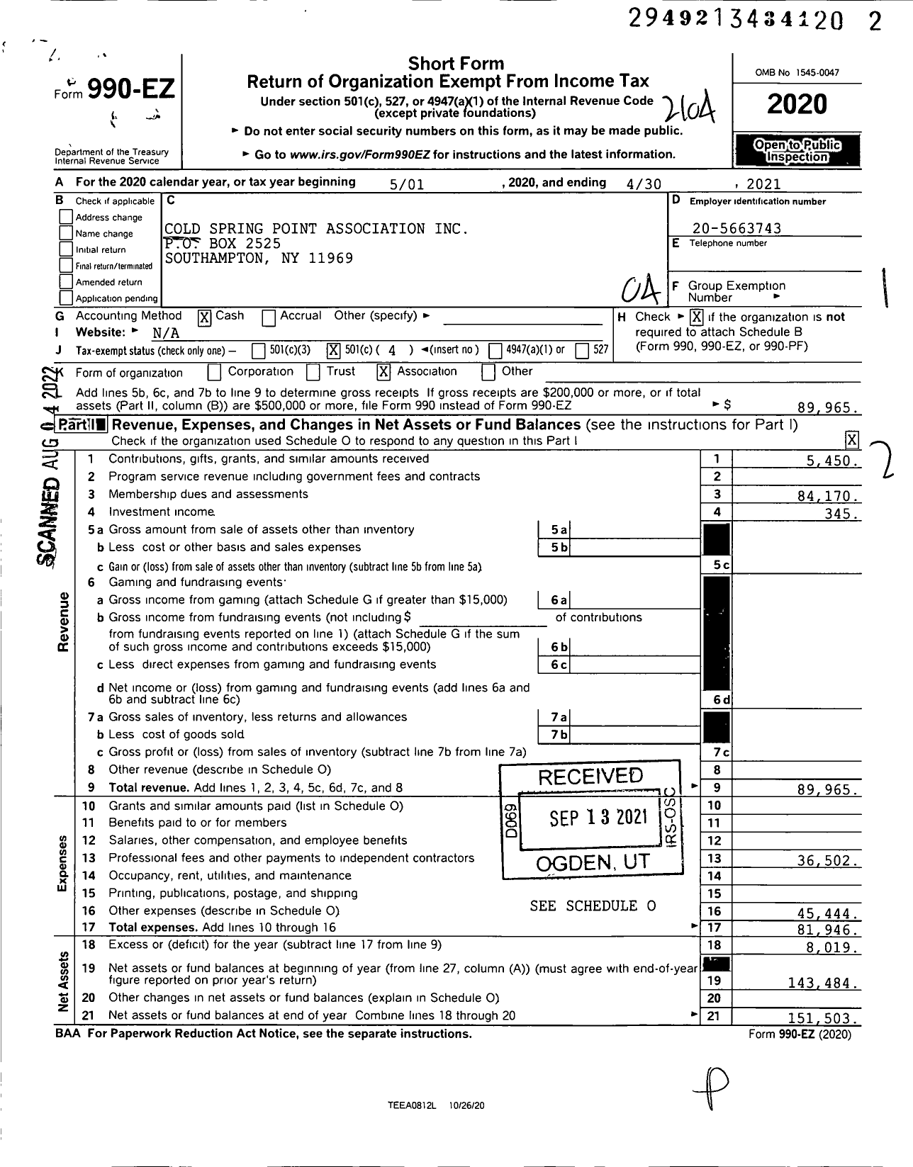 Image of first page of 2020 Form 990EO for Cold Spring Point Association