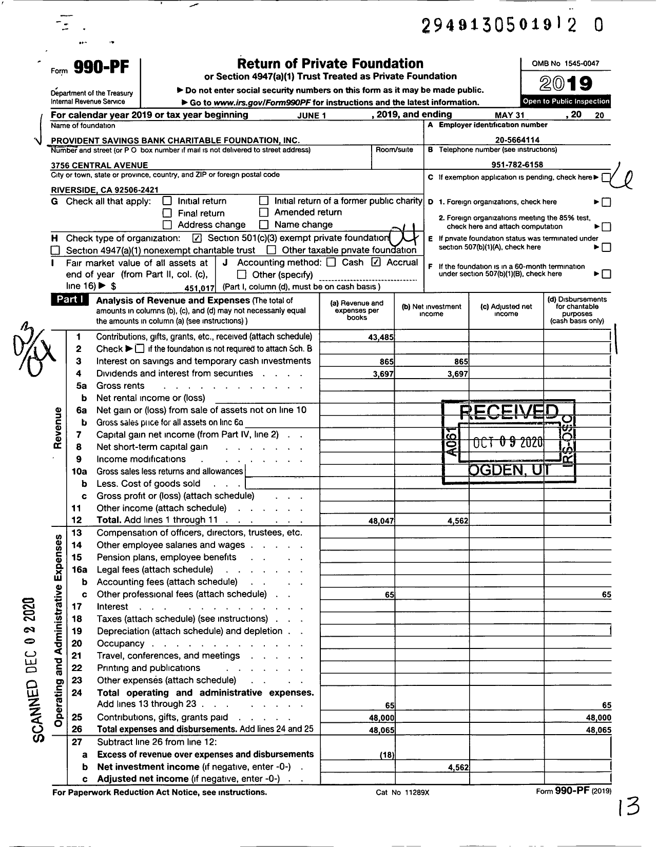 Image of first page of 2019 Form 990PF for Provident Savings Bank Charitable Foundation