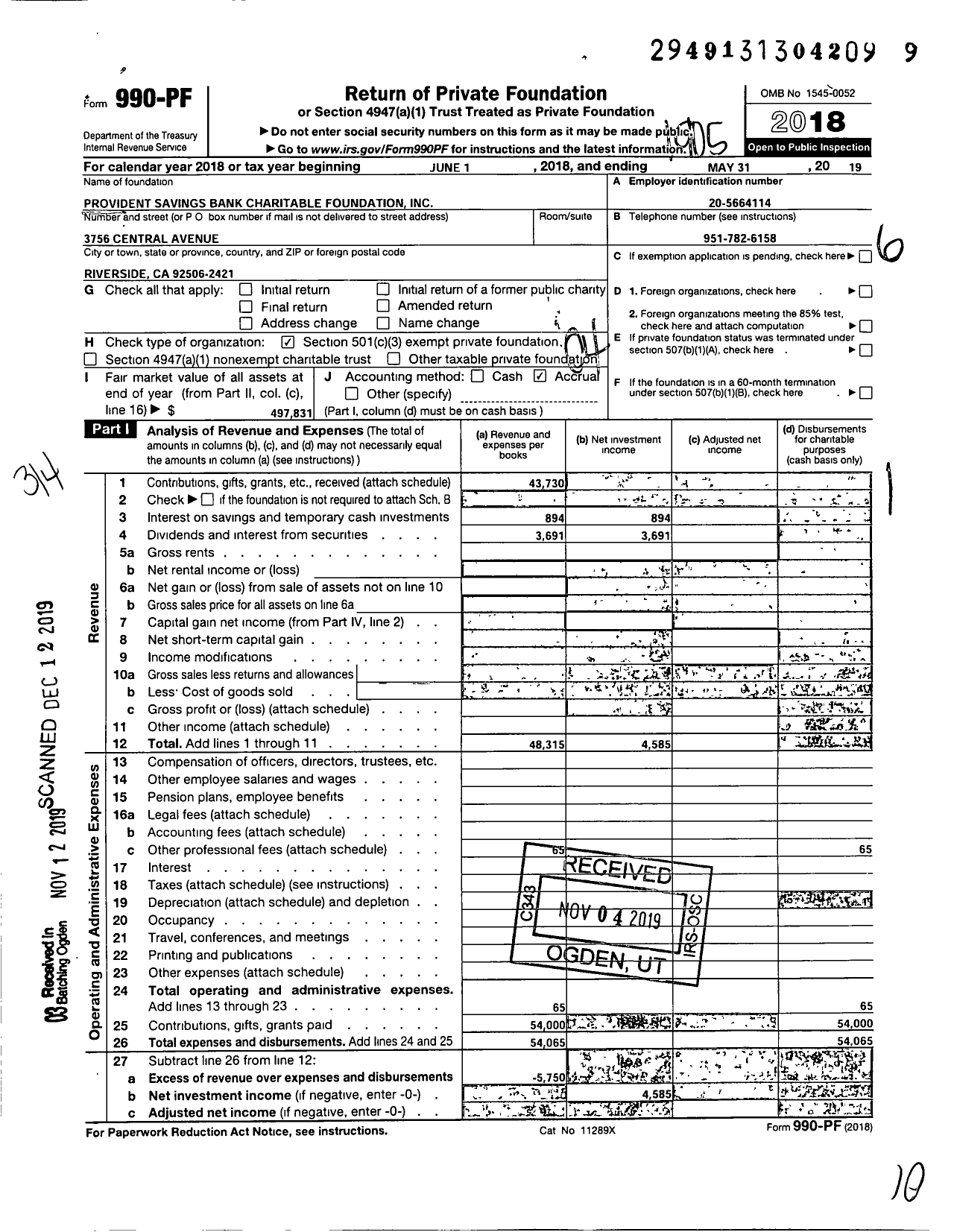 Image of first page of 2018 Form 990PF for Provident Savings Bank Charitable Foundation