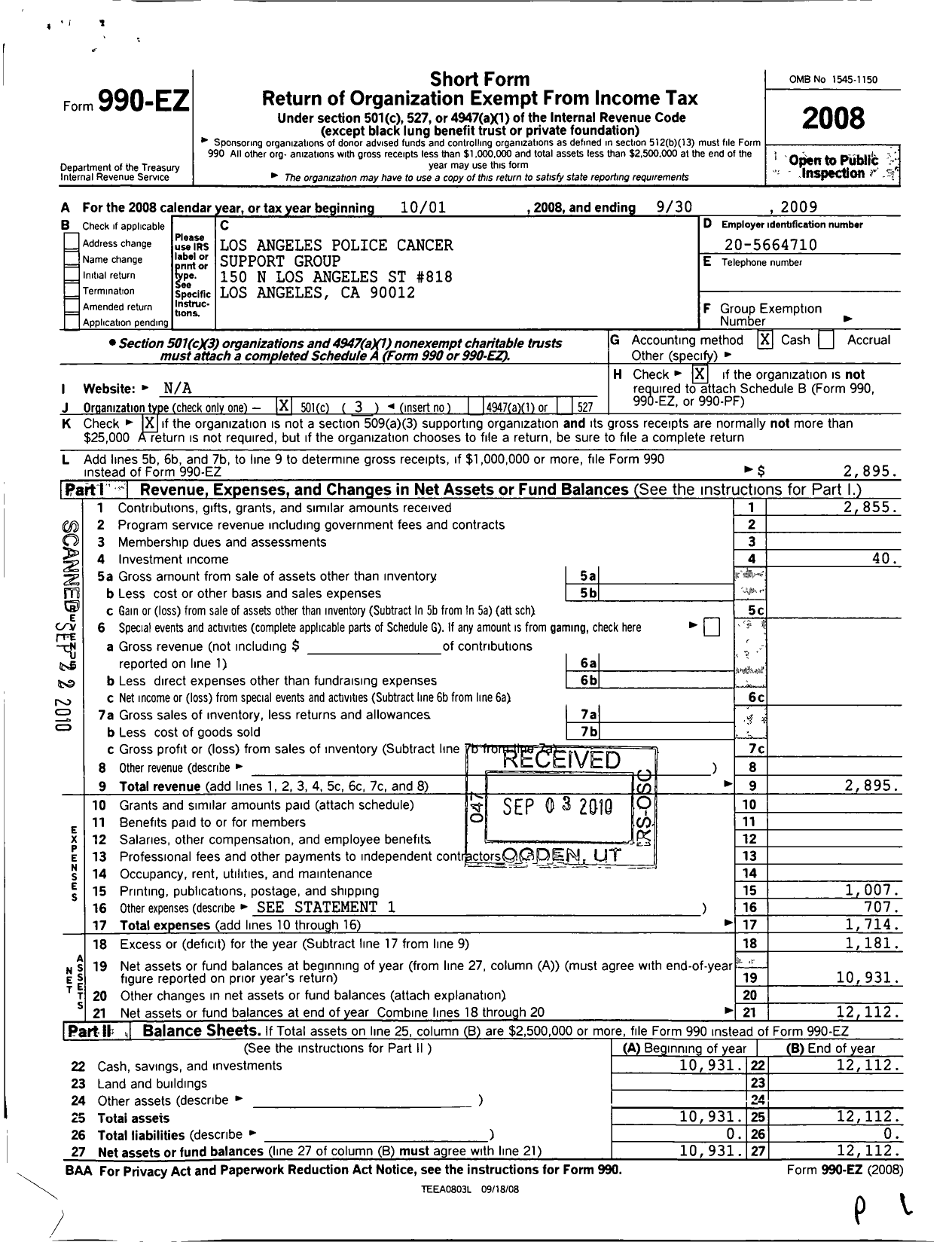 Image of first page of 2008 Form 990EZ for Los Angeles Police Cancer Support Group