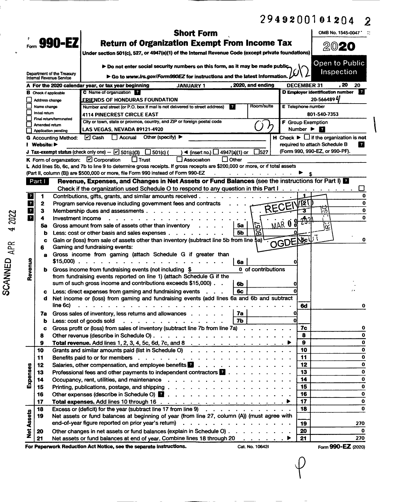 Image of first page of 2020 Form 990EZ for Friends of Honduras Foundation