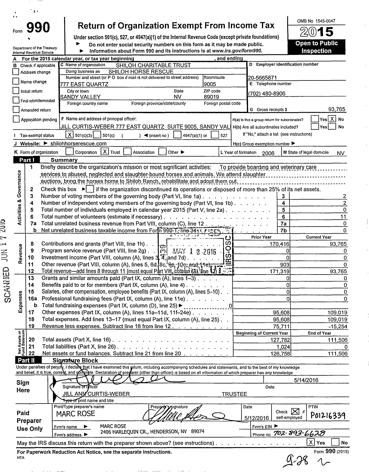 Image of first page of 2015 Form 990 for Shiloh Charitable Trust