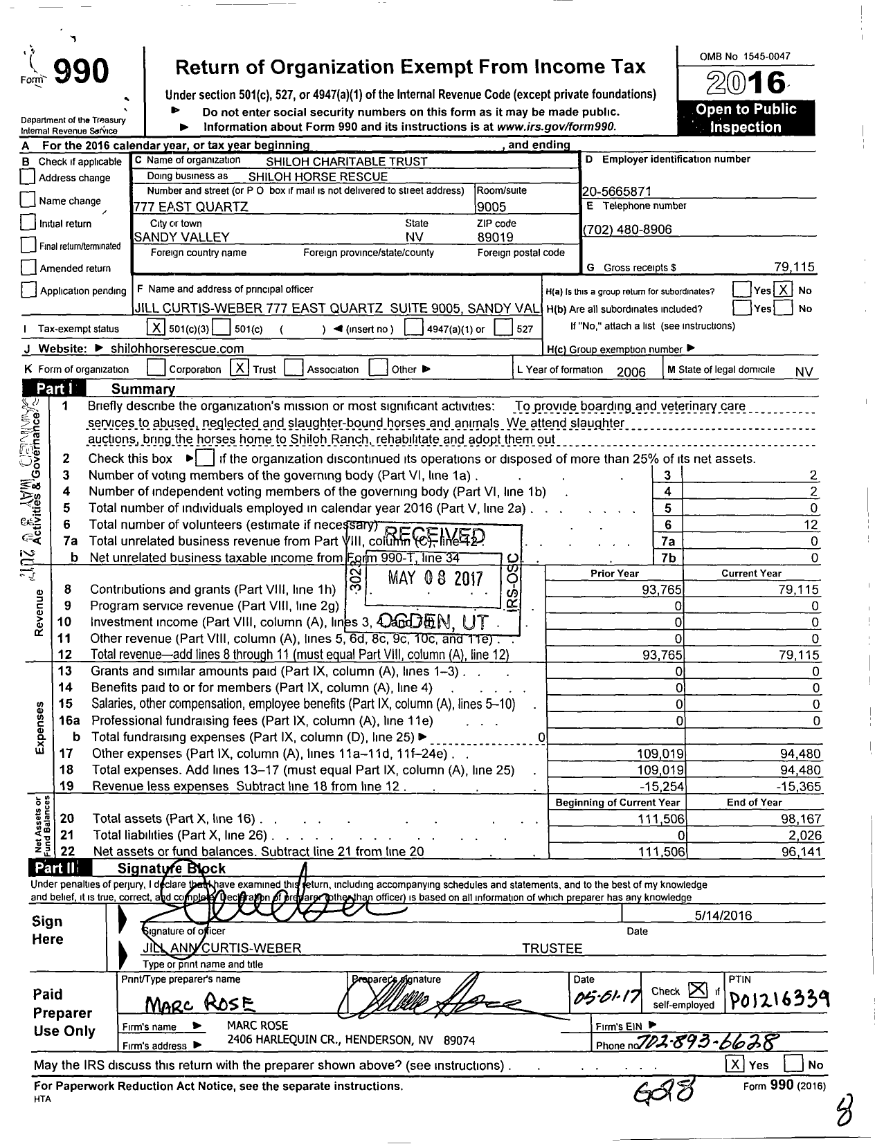 Image of first page of 2016 Form 990 for Shiloh Charitable Trust