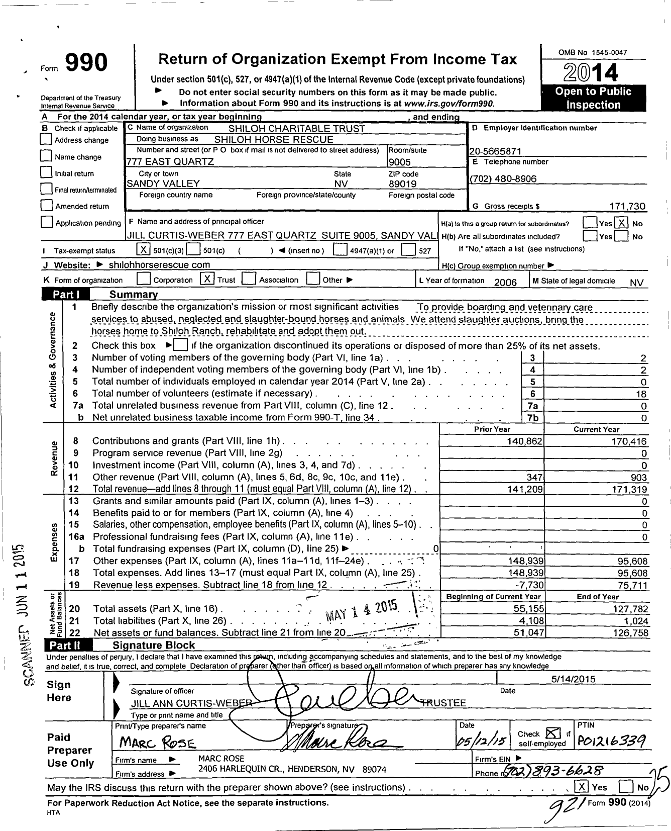 Image of first page of 2014 Form 990 for Shiloh Charitable Trust