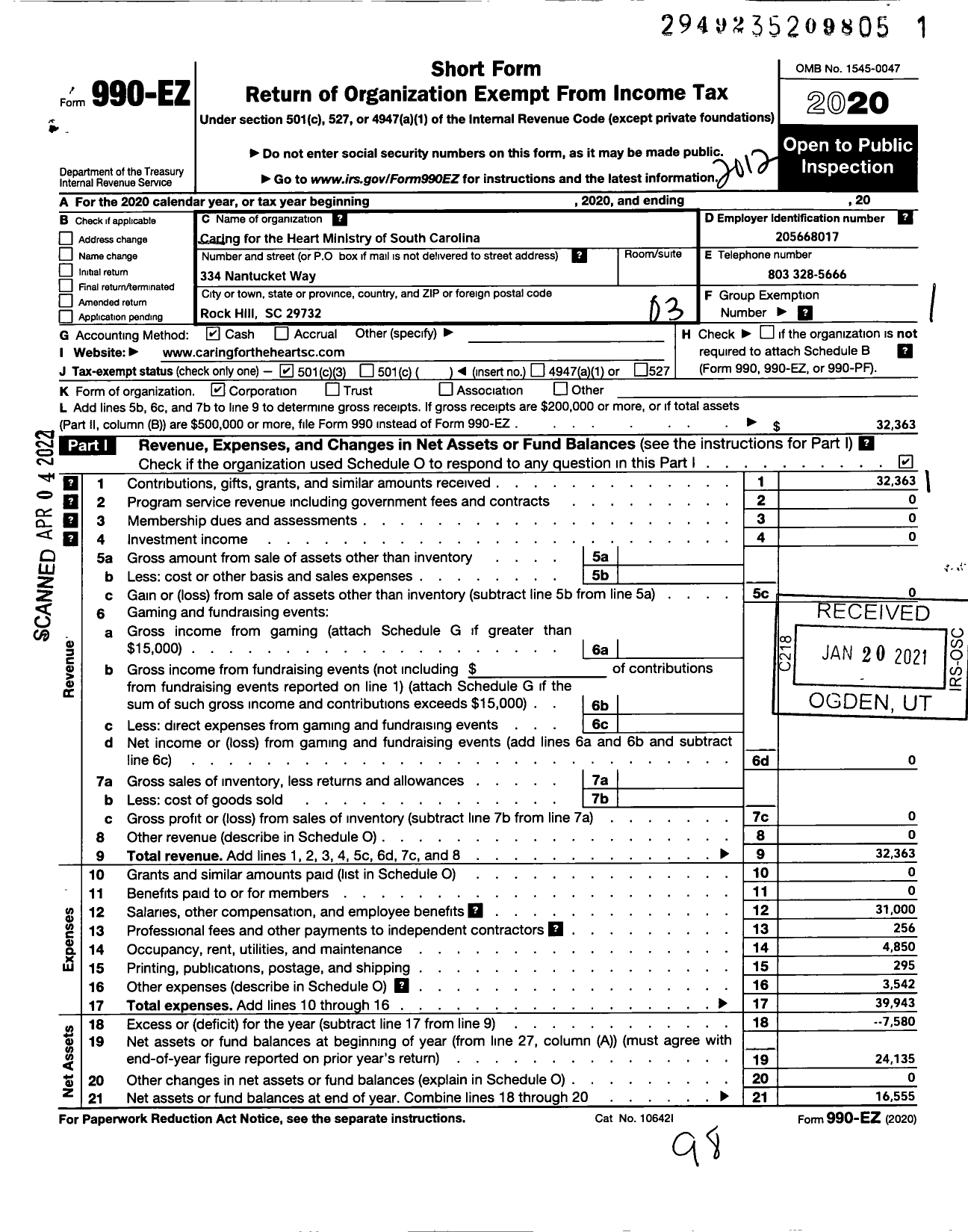 Image of first page of 2020 Form 990EZ for Caring for the Heart Ministry of SC