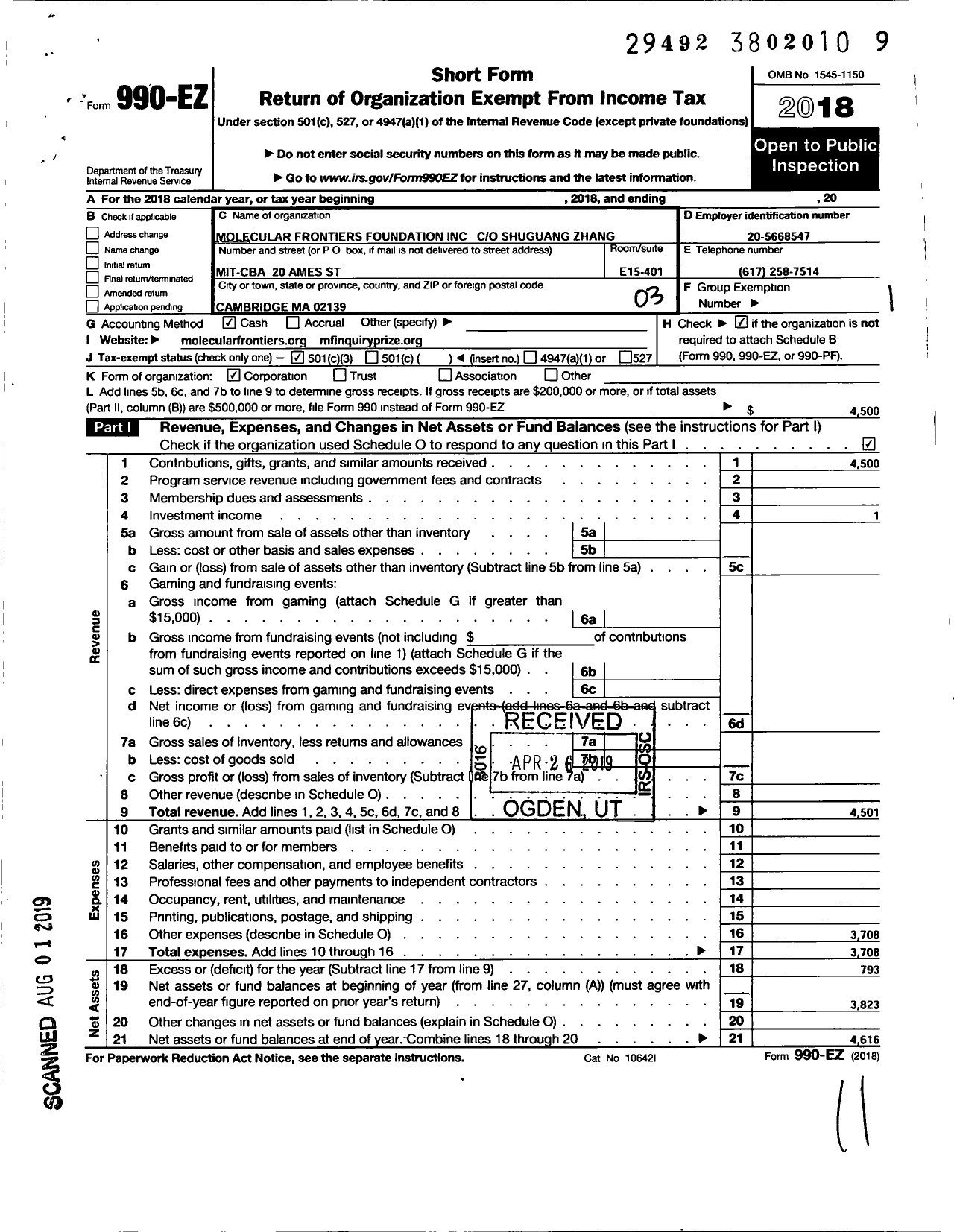 Image of first page of 2018 Form 990EZ for Molecular Frontiers Foundation