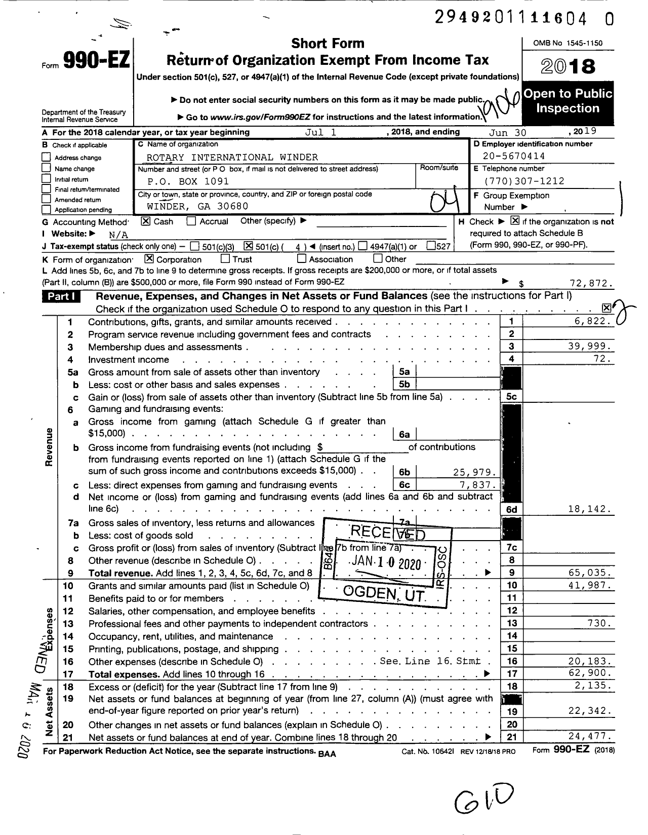 Image of first page of 2018 Form 990EO for Rotary International - Winder