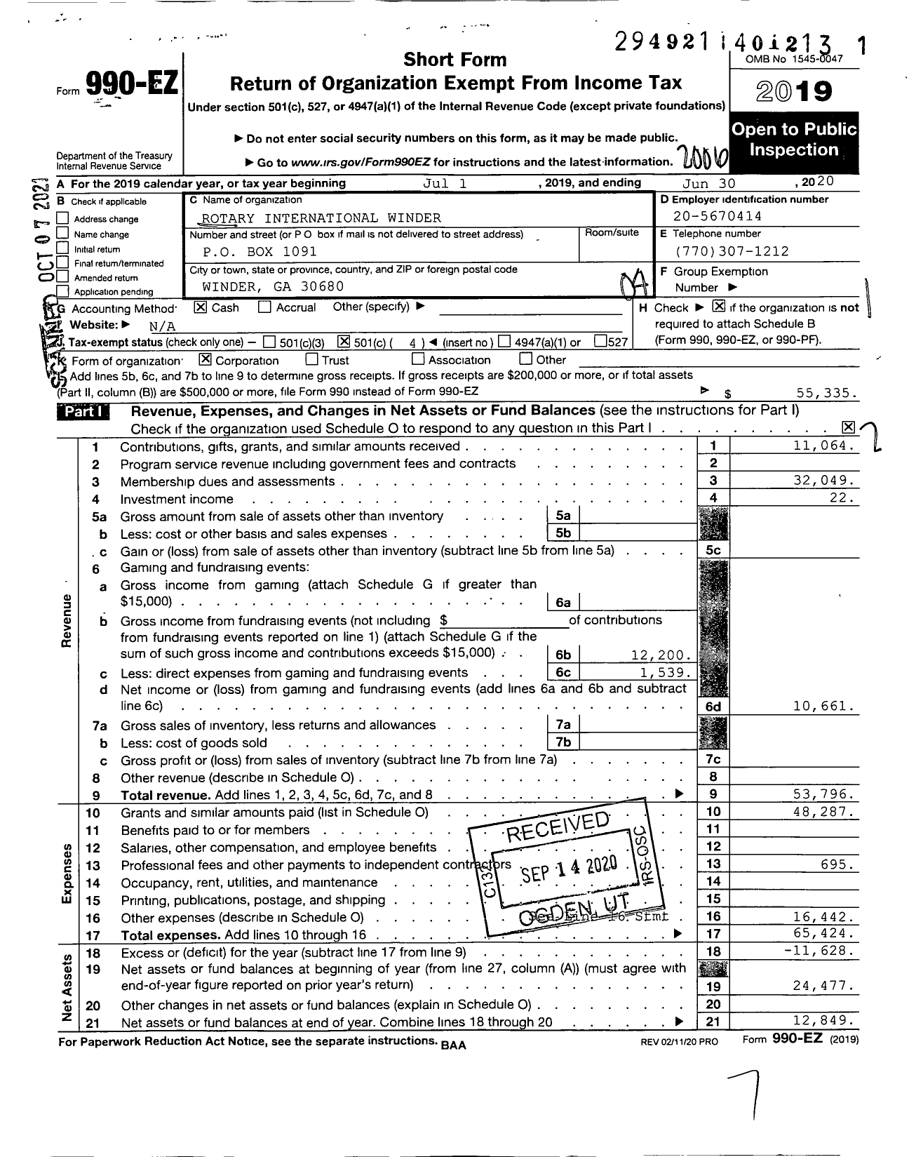 Image of first page of 2019 Form 990EO for Rotary International - Winder