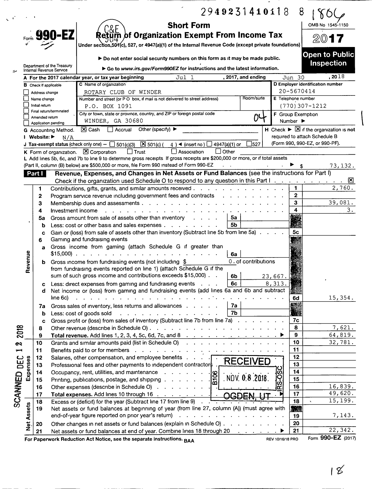 Image of first page of 2017 Form 990EO for Rotary International - Winder