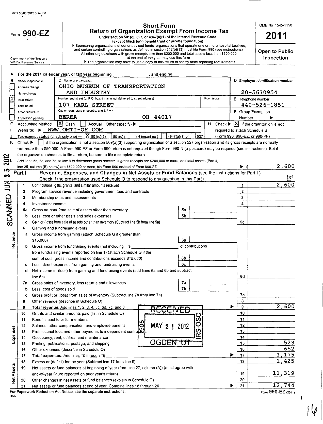 Image of first page of 2011 Form 990EZ for Ohio Museum of Transportation and Industry