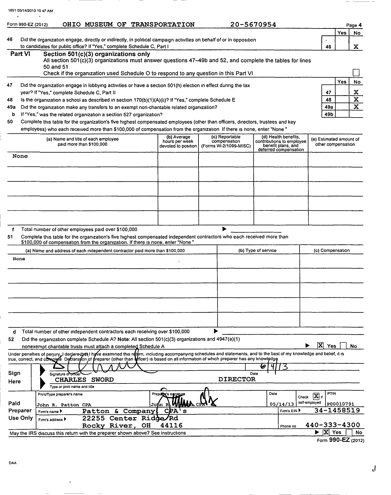 Image of first page of 2012 Form 990EZ for Ohio Museum of Transportation and Industry