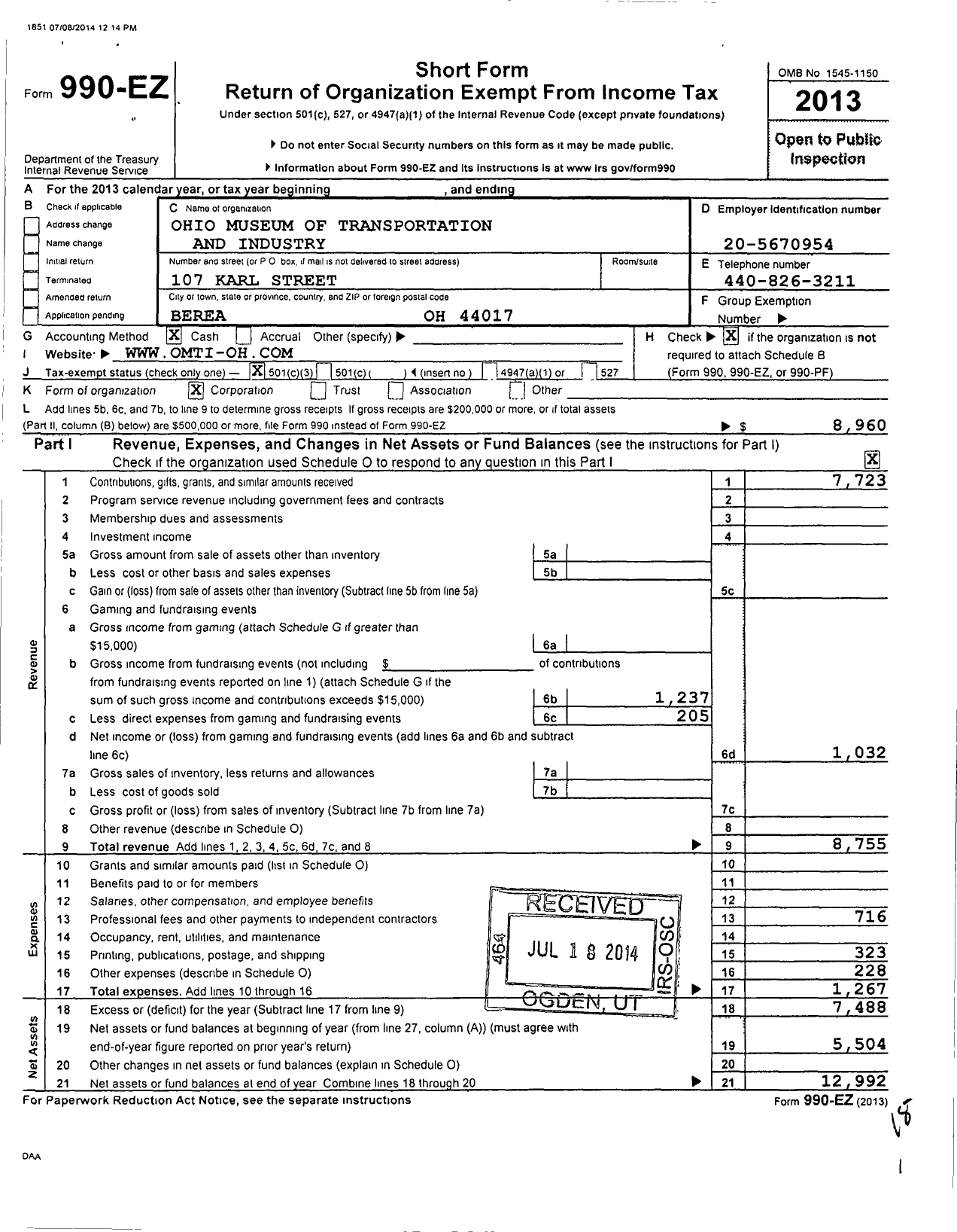 Image of first page of 2013 Form 990EZ for Ohio Museum of Transportation and Industry