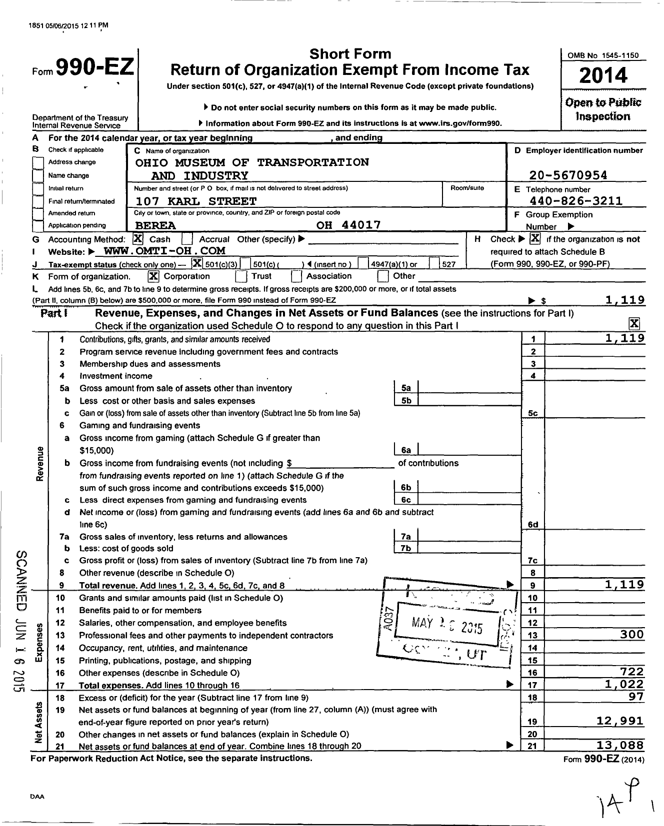 Image of first page of 2014 Form 990EZ for Ohio Museum of Transportation and Industry