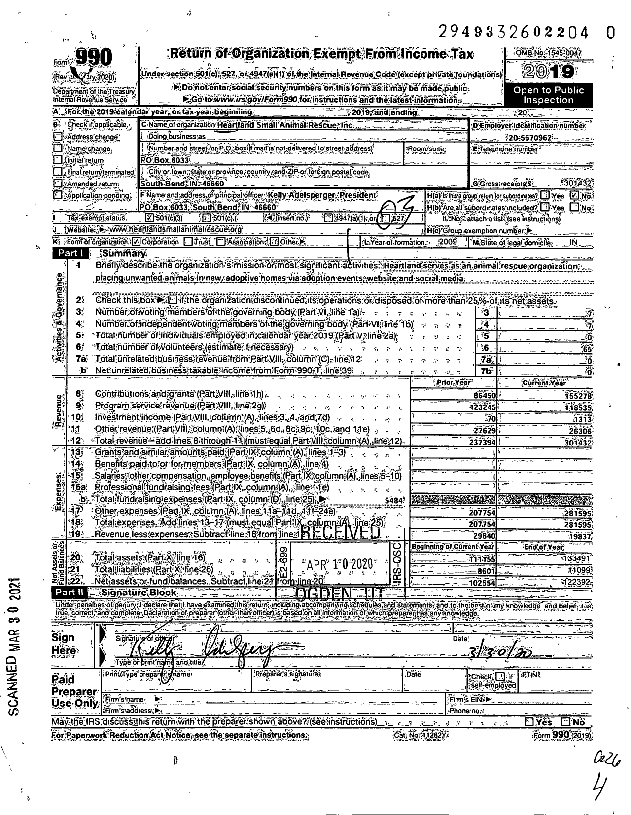 Image of first page of 2019 Form 990 for Heartland Small Animal Rescue