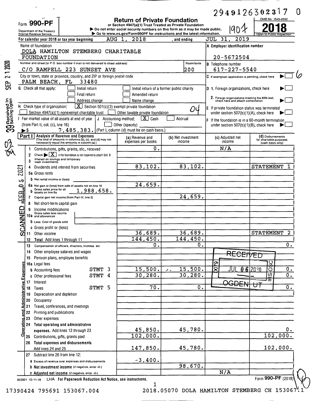 Image of first page of 2018 Form 990PF for Dola Hamilton Stemberg Charitable Foundation