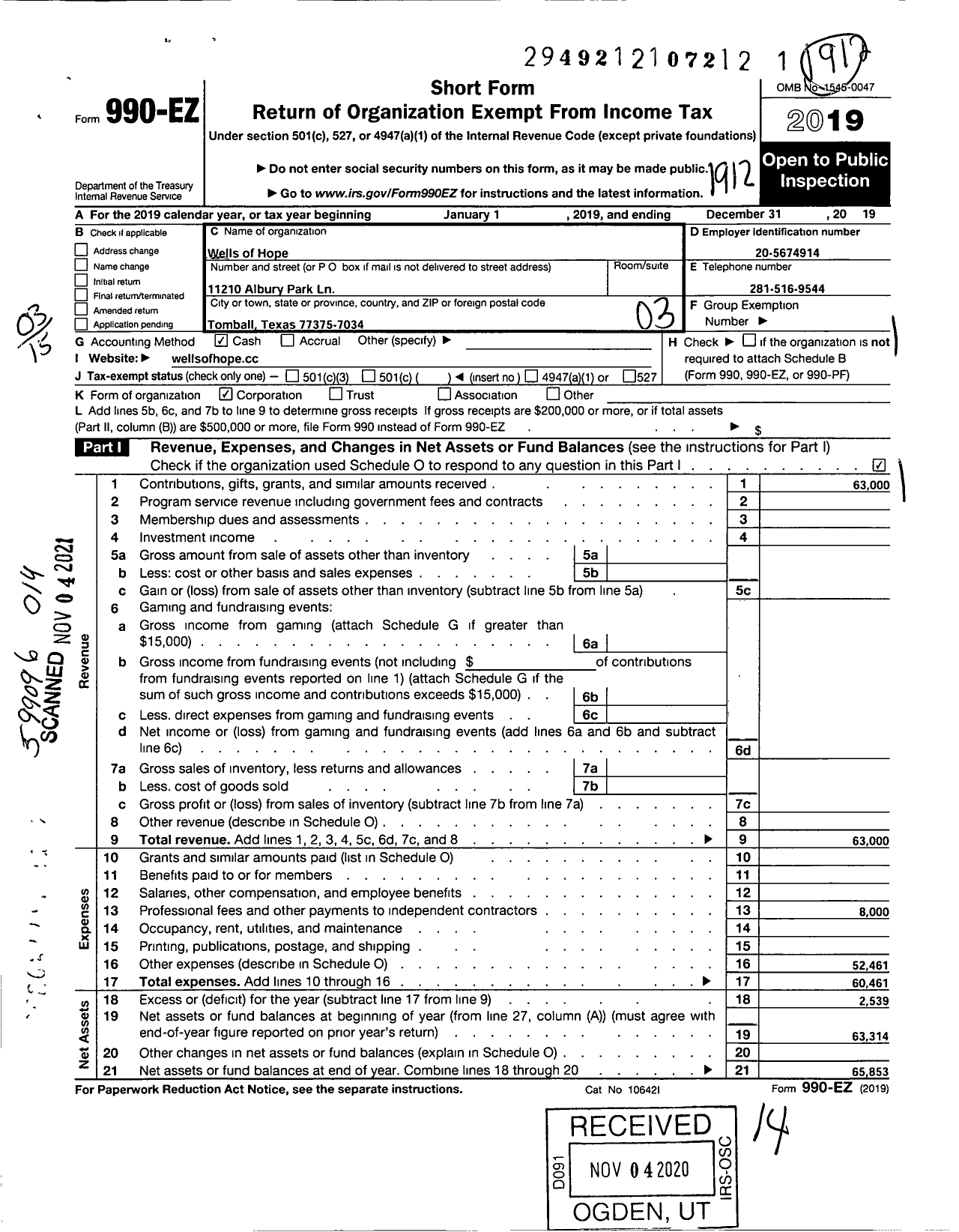 Image of first page of 2019 Form 990EZ for Wells of Hope