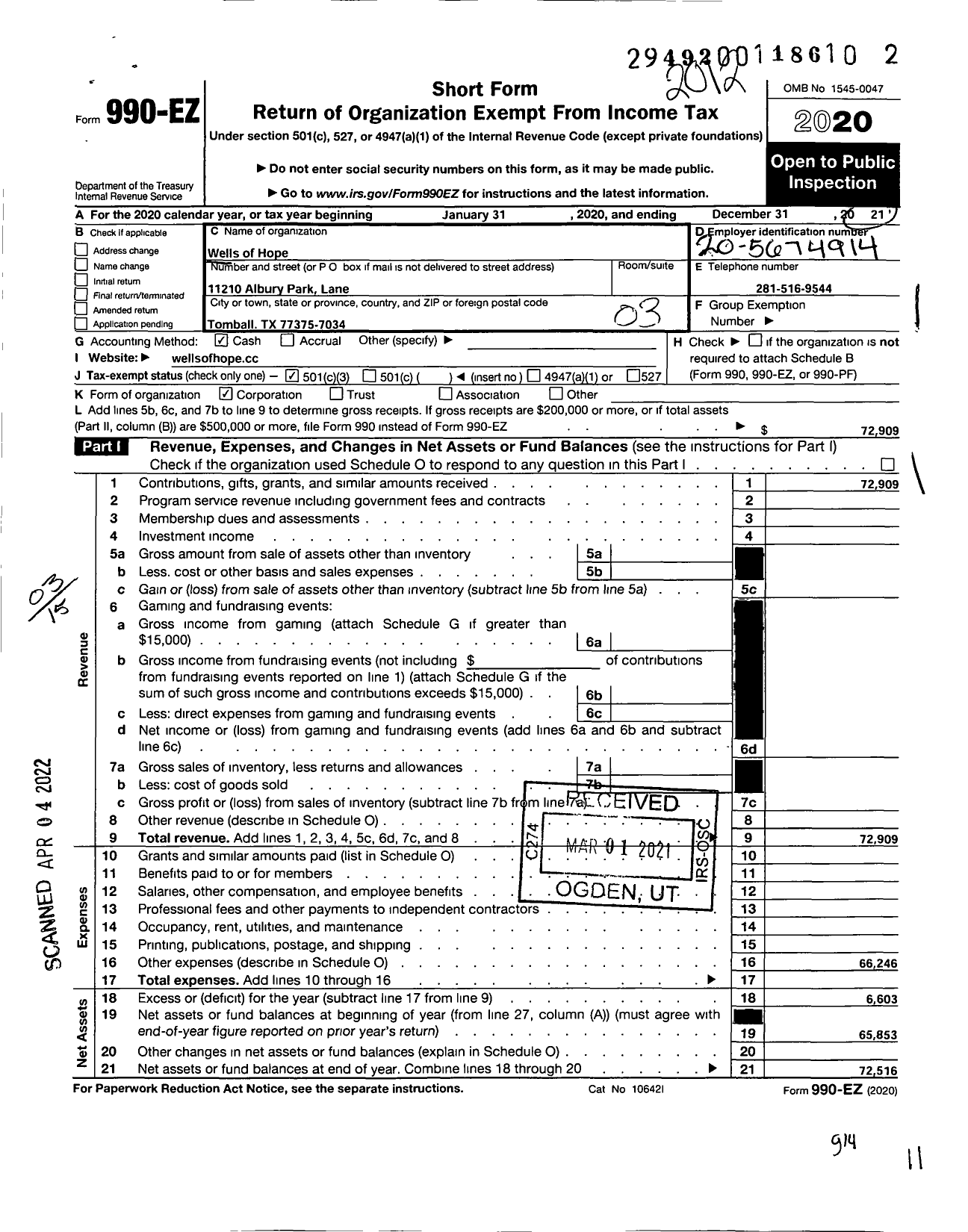 Image of first page of 2020 Form 990EZ for Wells of Hope