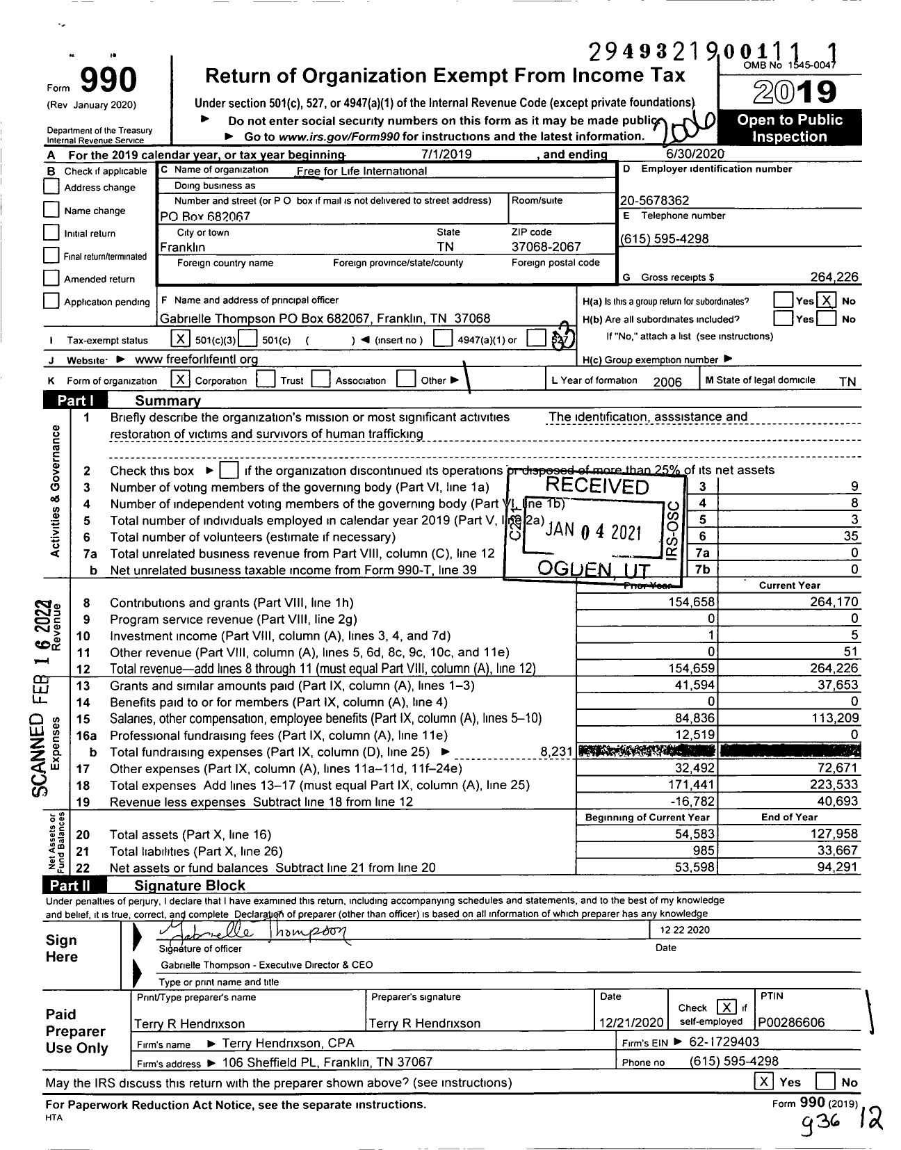 Image of first page of 2019 Form 990 for Free for Life International