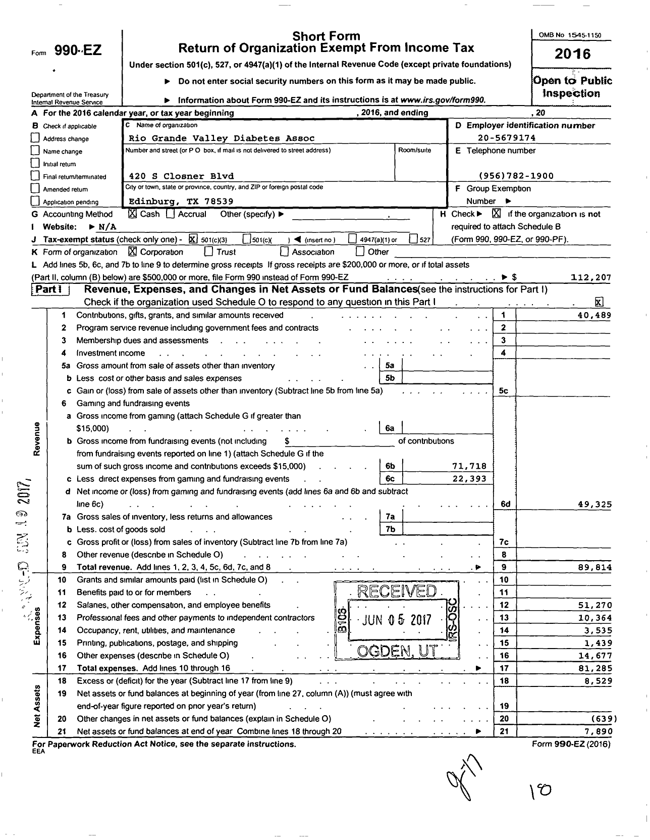 Image of first page of 2016 Form 990EZ for Rio Grande Valley Diabetes Assoc