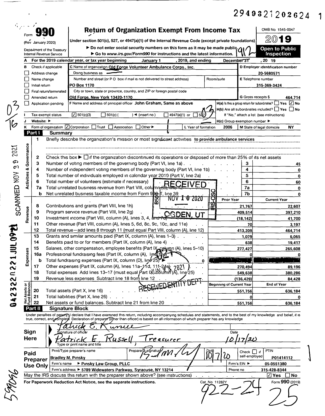 Image of first page of 2019 Form 990 for Old Forge Volunteer Ambulance Corps