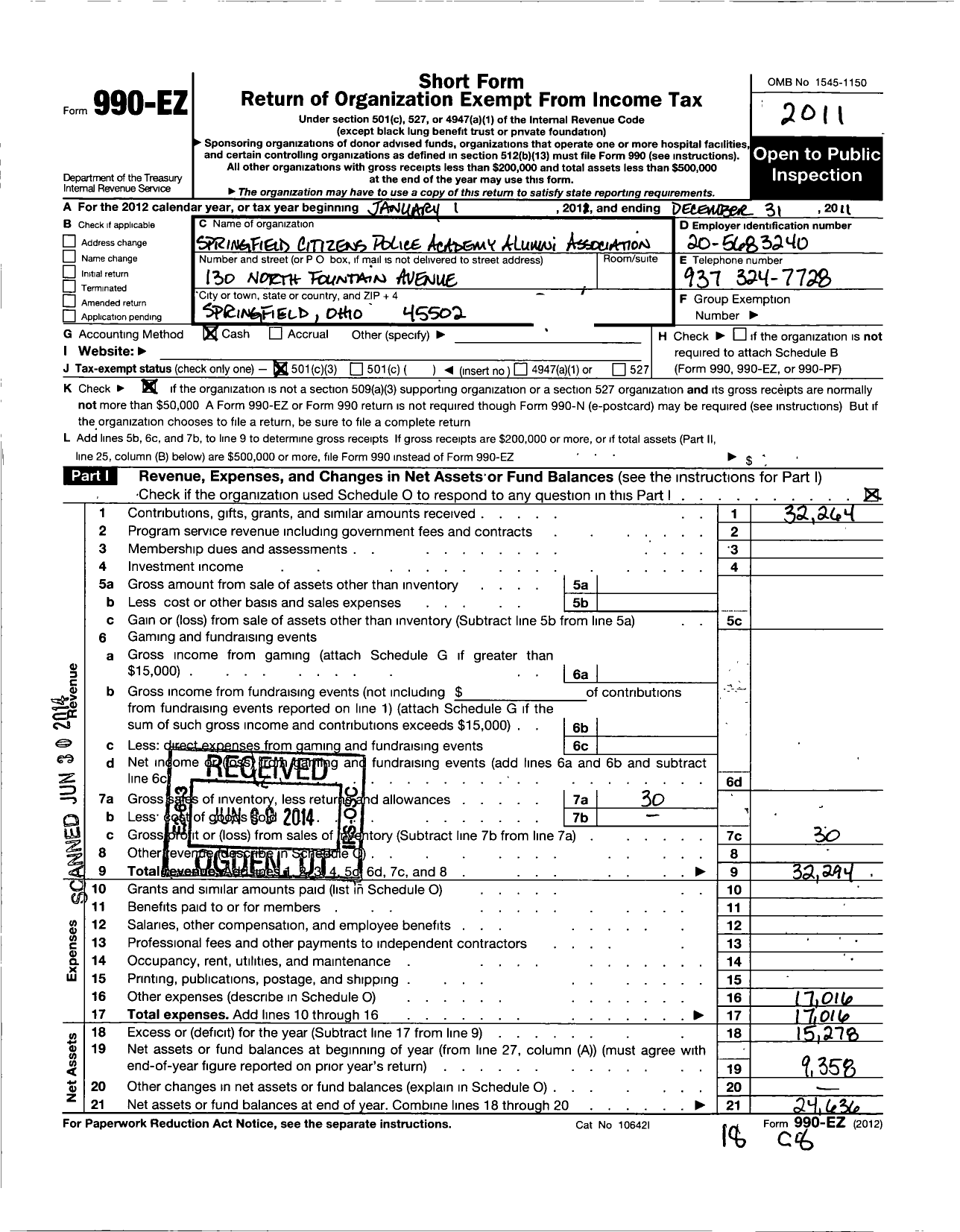 Image of first page of 2011 Form 990EZ for Springfield Citizens Police Academy Alumni Association