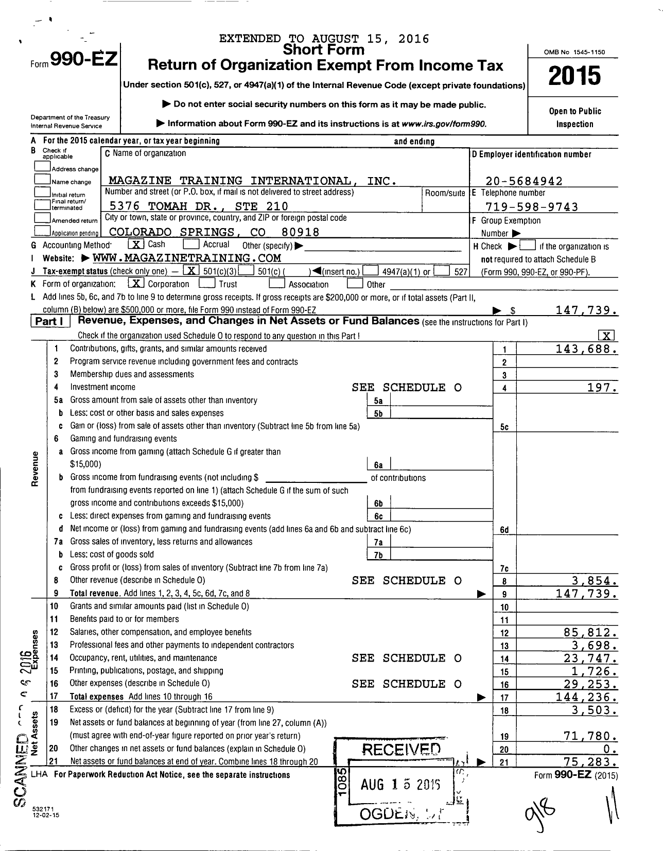 Image of first page of 2015 Form 990EZ for Magazine Training International