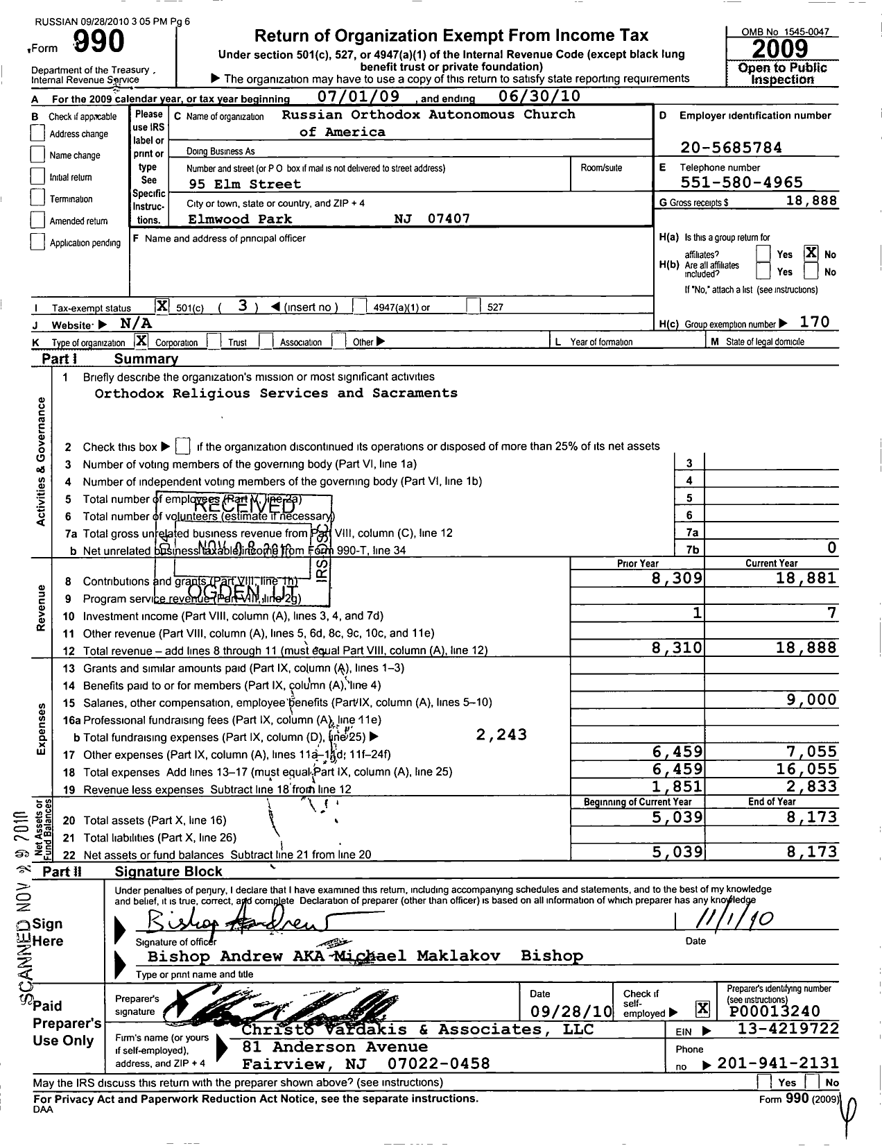 Image of first page of 2009 Form 990 for Russian Orthodox Autonomous Churchof America