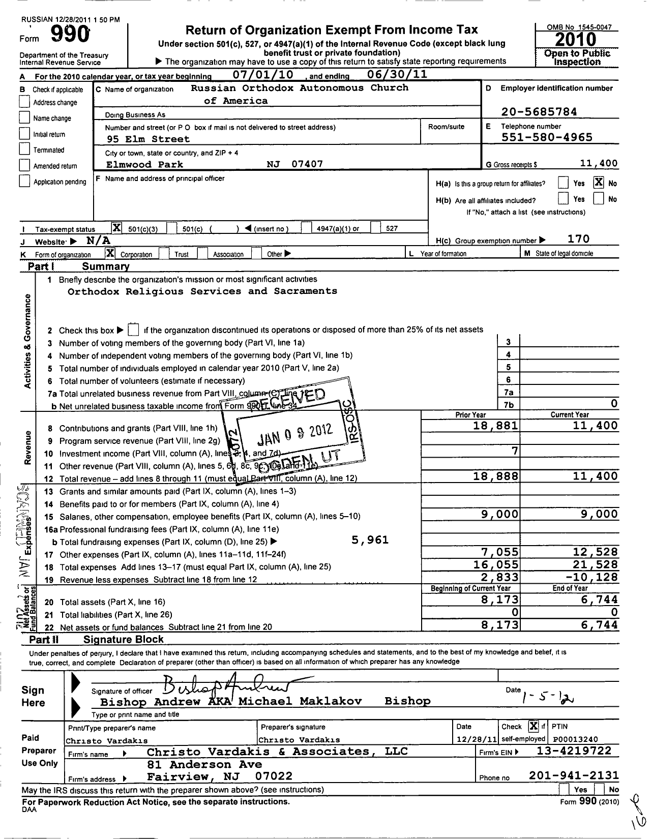 Image of first page of 2010 Form 990 for Russian Orthodox Autonomous Churchof America