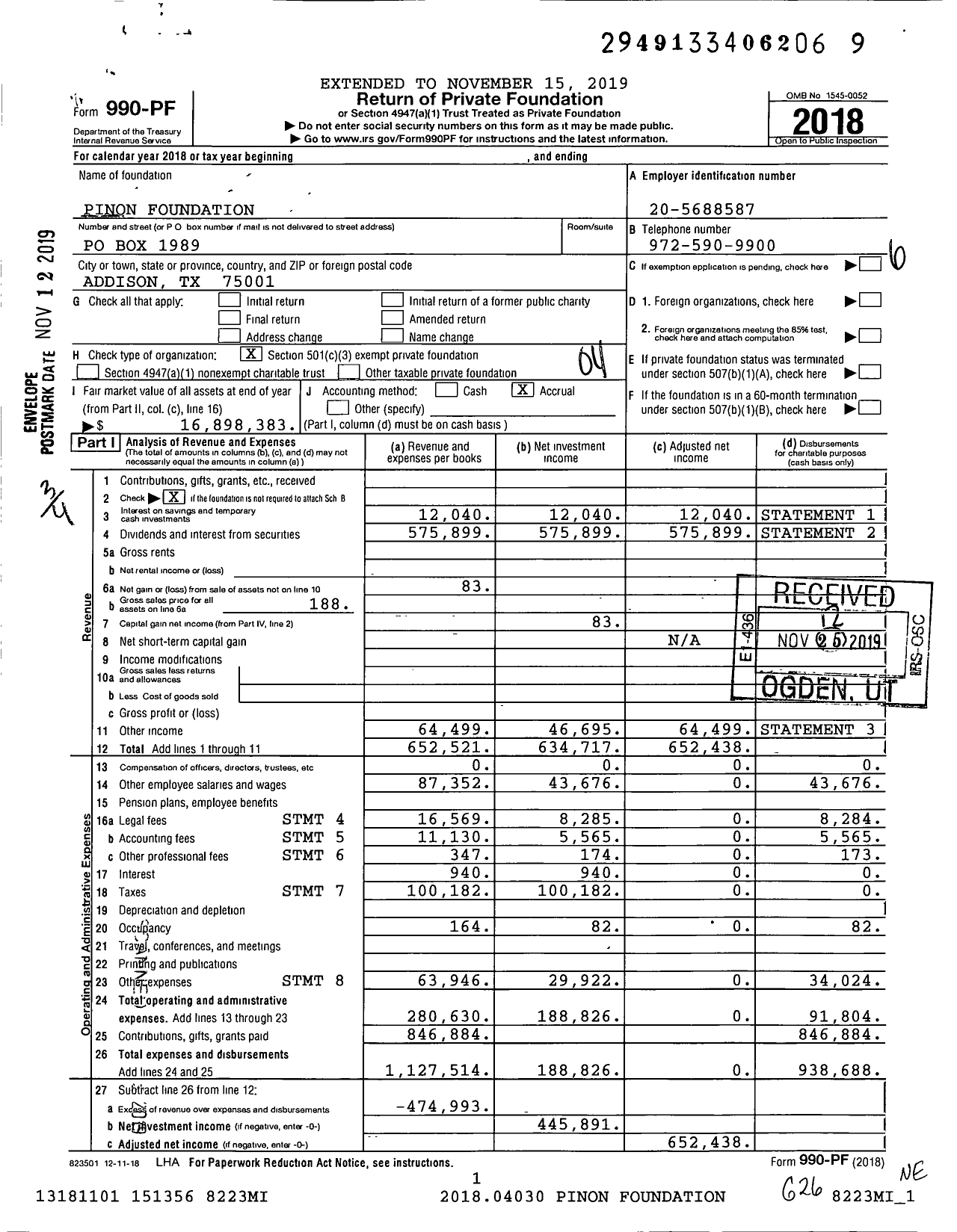 Image of first page of 2018 Form 990PF for Pinon Foundation