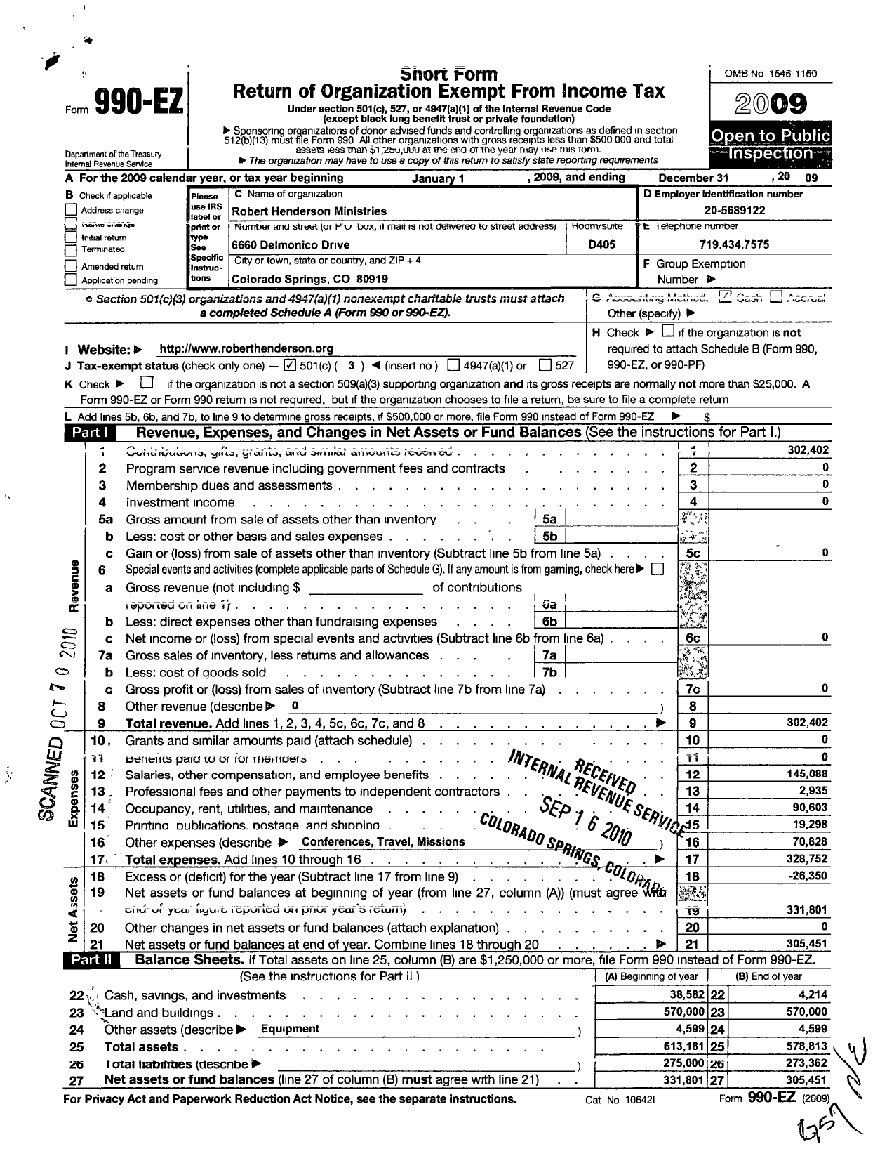 Image of first page of 2009 Form 990EZ for Robert Henderson Ministries