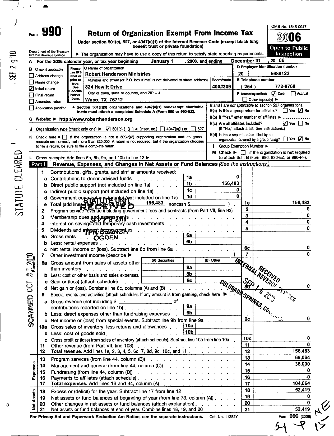 Image of first page of 2006 Form 990 for Robert Henderson Ministries