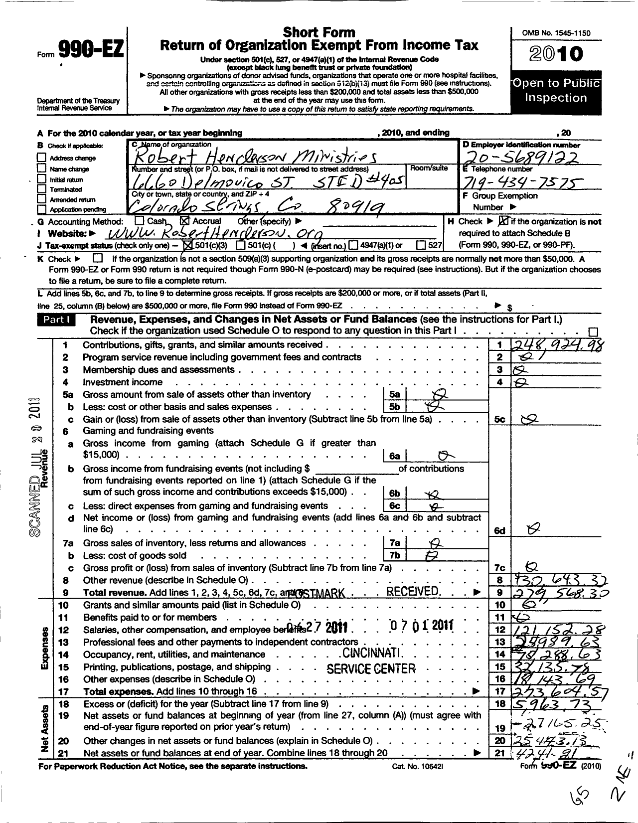 Image of first page of 2010 Form 990EZ for Robert Henderson Ministries