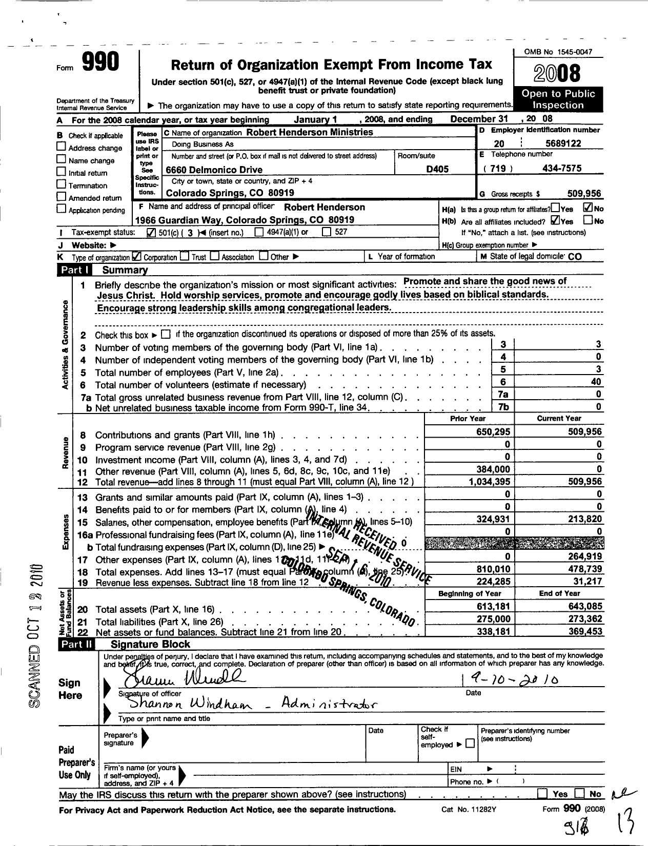 Image of first page of 2008 Form 990 for Robert Henderson Ministries