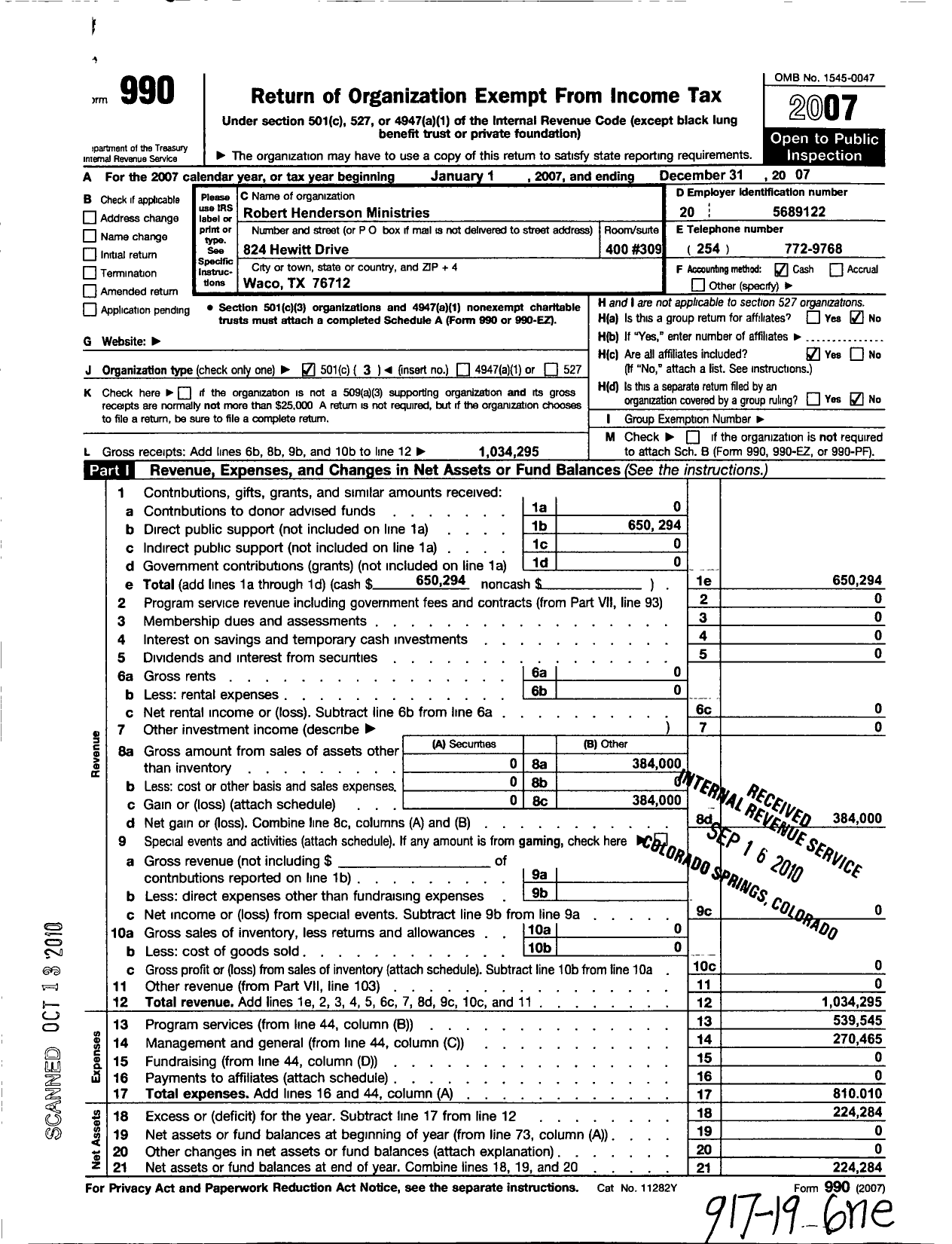 Image of first page of 2007 Form 990 for Robert Henderson Ministries