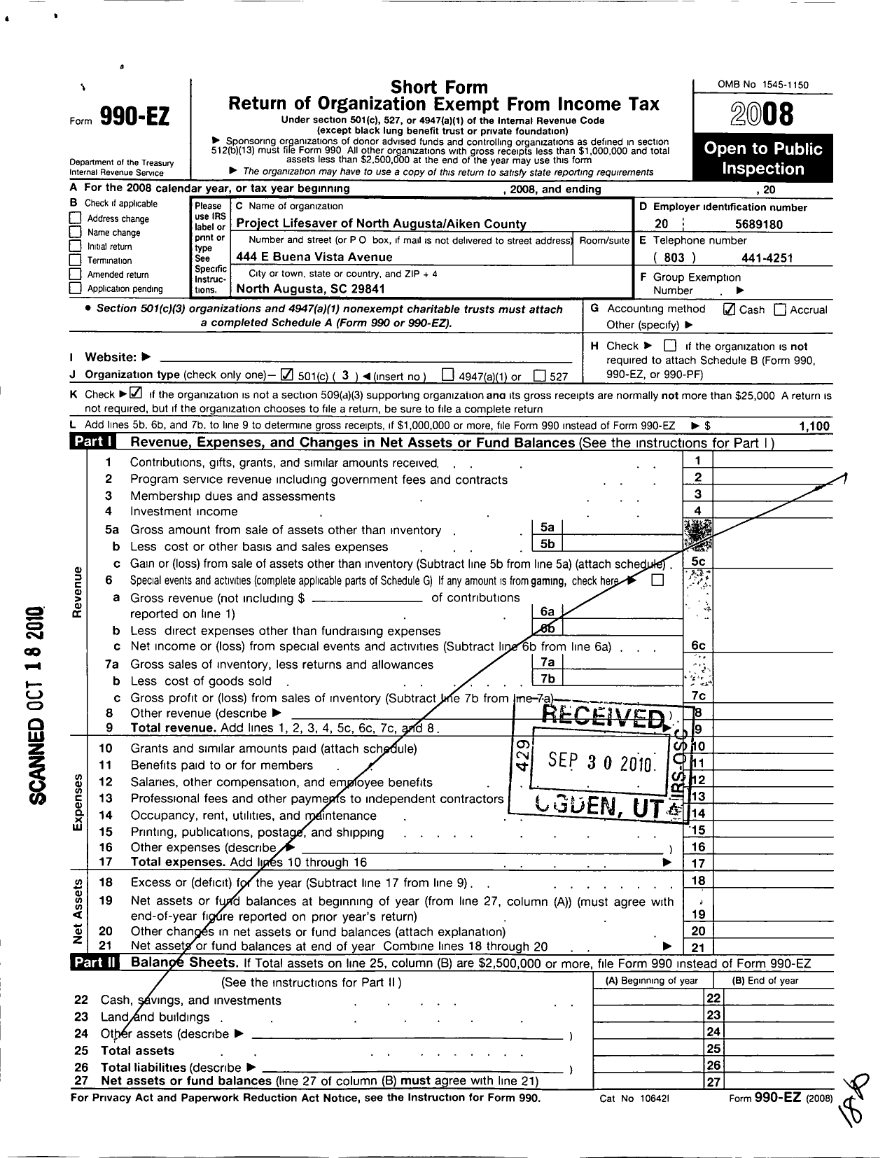 Image of first page of 2008 Form 990EZ for Project Lifesaver of North Augusta-Aiken County