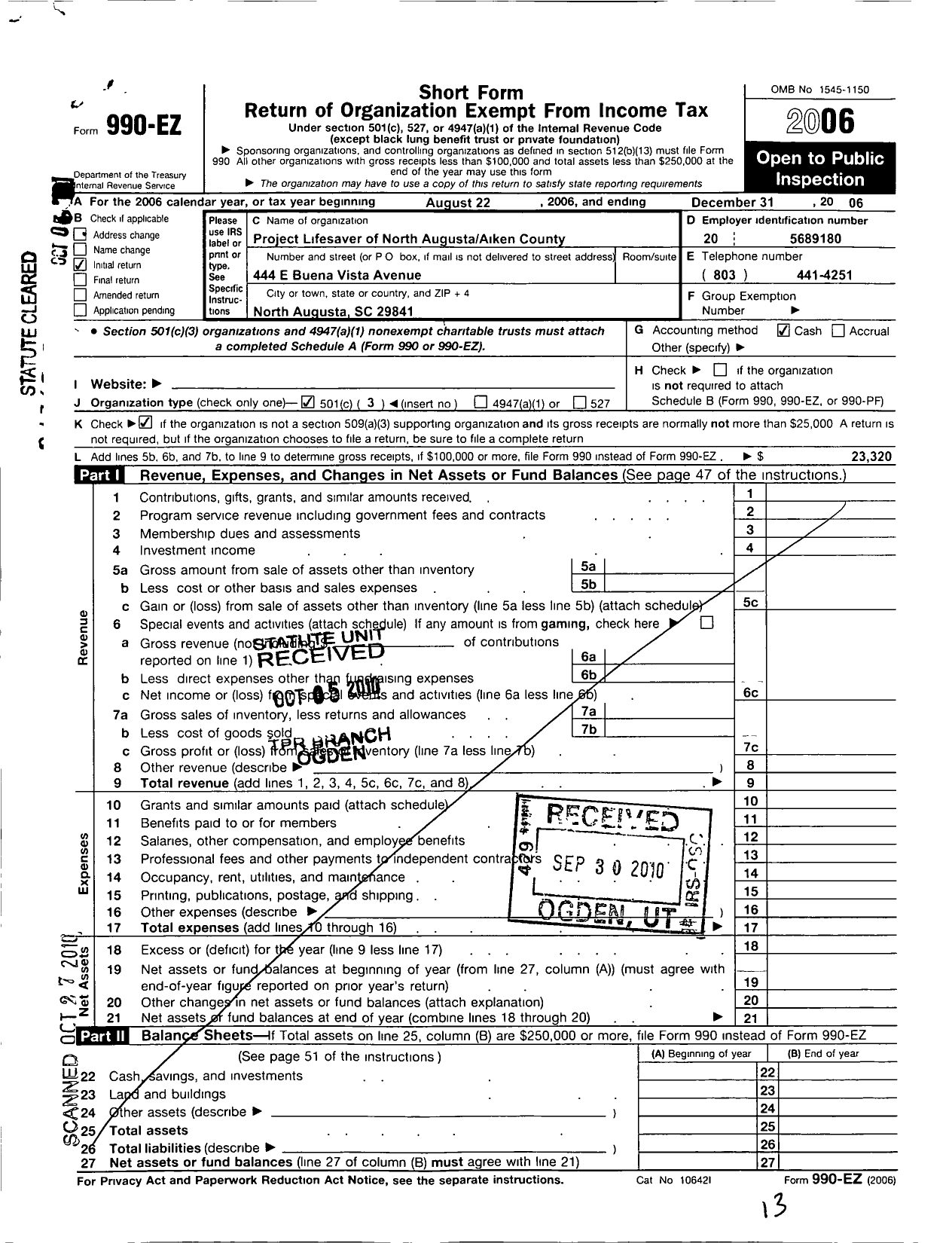 Image of first page of 2006 Form 990EZ for Project Lifesaver of North Augusta-Aiken County