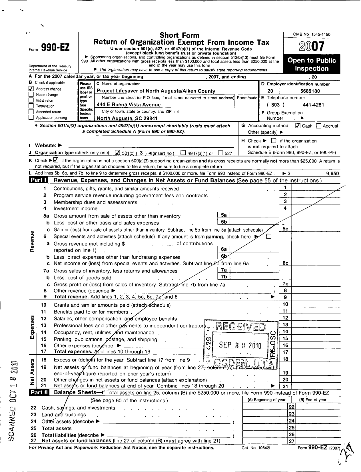 Image of first page of 2007 Form 990EZ for Project Lifesaver of North Augusta-Aiken County