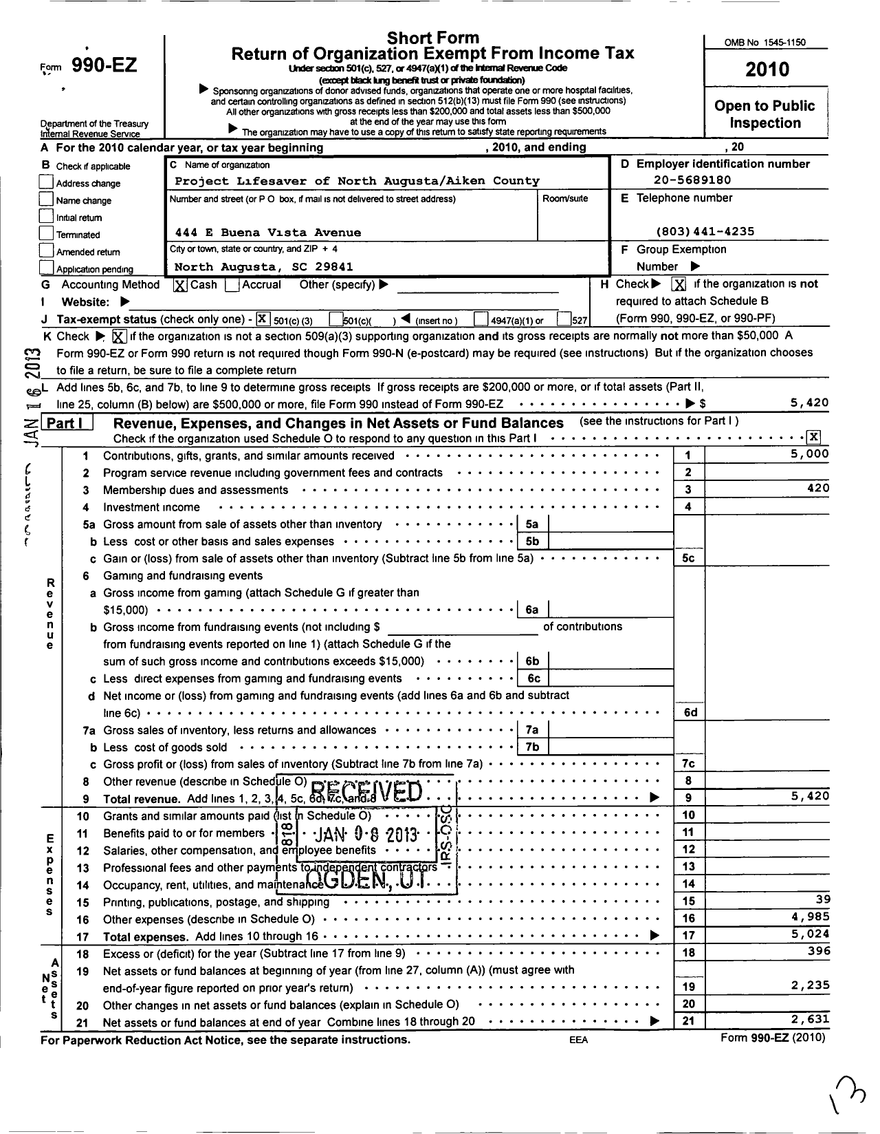 Image of first page of 2010 Form 990EZ for Project Lifesaver of North Augusta-Aiken County