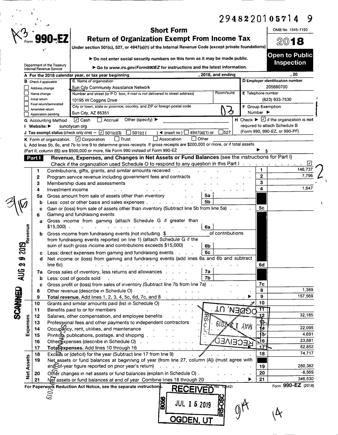 Image of first page of 2018 Form 990EZ for Sun City Community Assistance Network