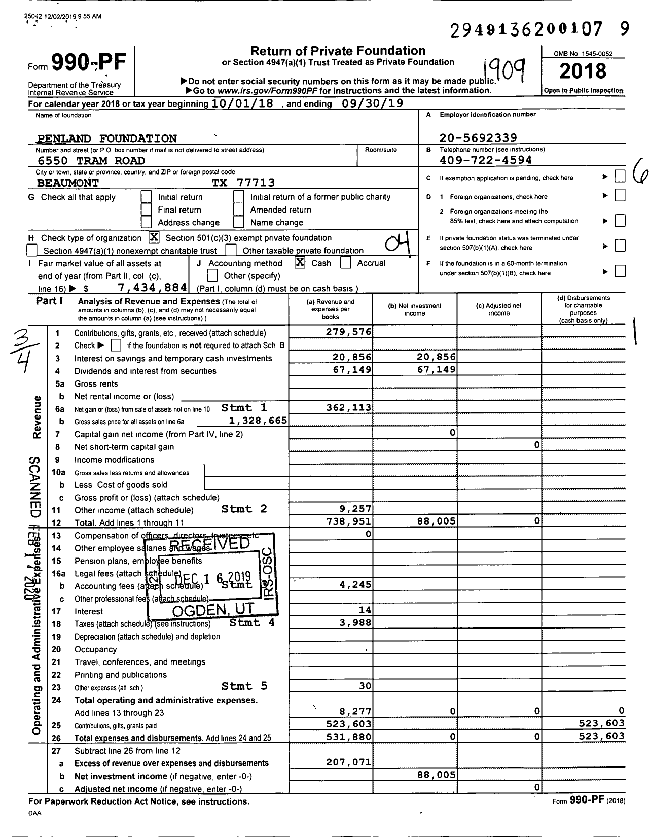 Image of first page of 2018 Form 990PF for Penland Foundation