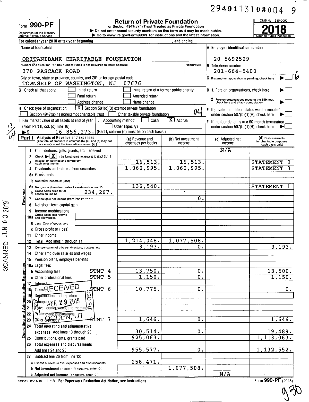 Image of first page of 2018 Form 990PF for Oritanibank Charitable Foundation